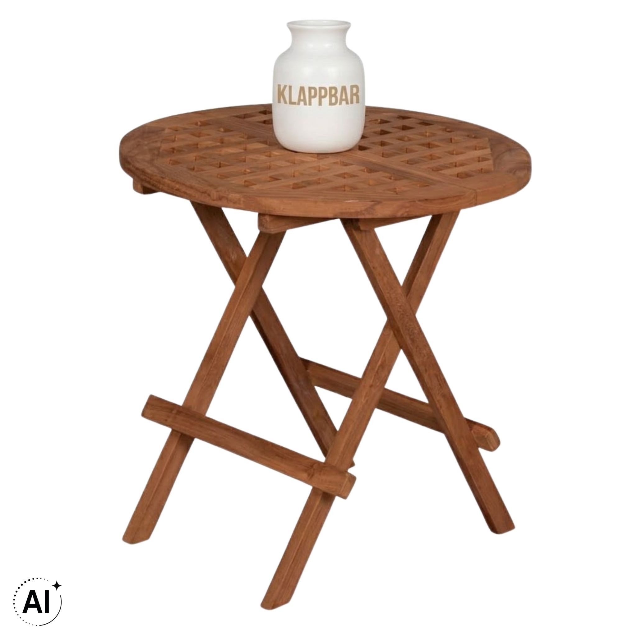 MR.DEKO Beistelltisch Dorset Teakholz rund Ø50 cm natur klappbarer Beistelltisch wetterfest (Ideal zu Deckchairs kombinierbar – für drinnen & draußen geeignet, 1-St), Plantagen-Teak Holz– wetterfest, vielseitig, 51 cm hoch