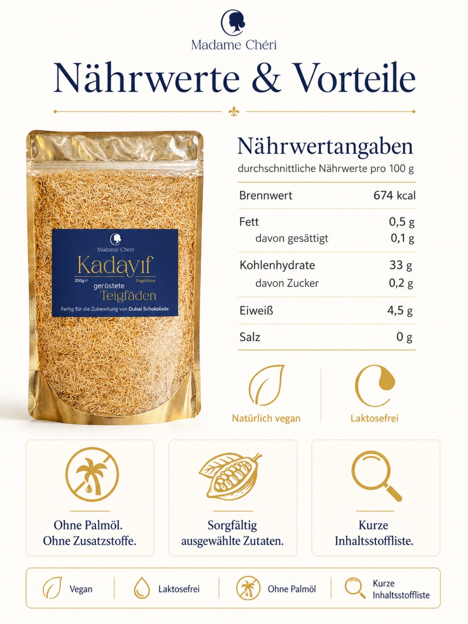 Madame Chéri Backzutat Kadayif geröstete Teigfäden 200g für Dubai Schokolade, geröstet, ohne Zusatzstoffe, ohne Palmöl – Bild 3 von 4