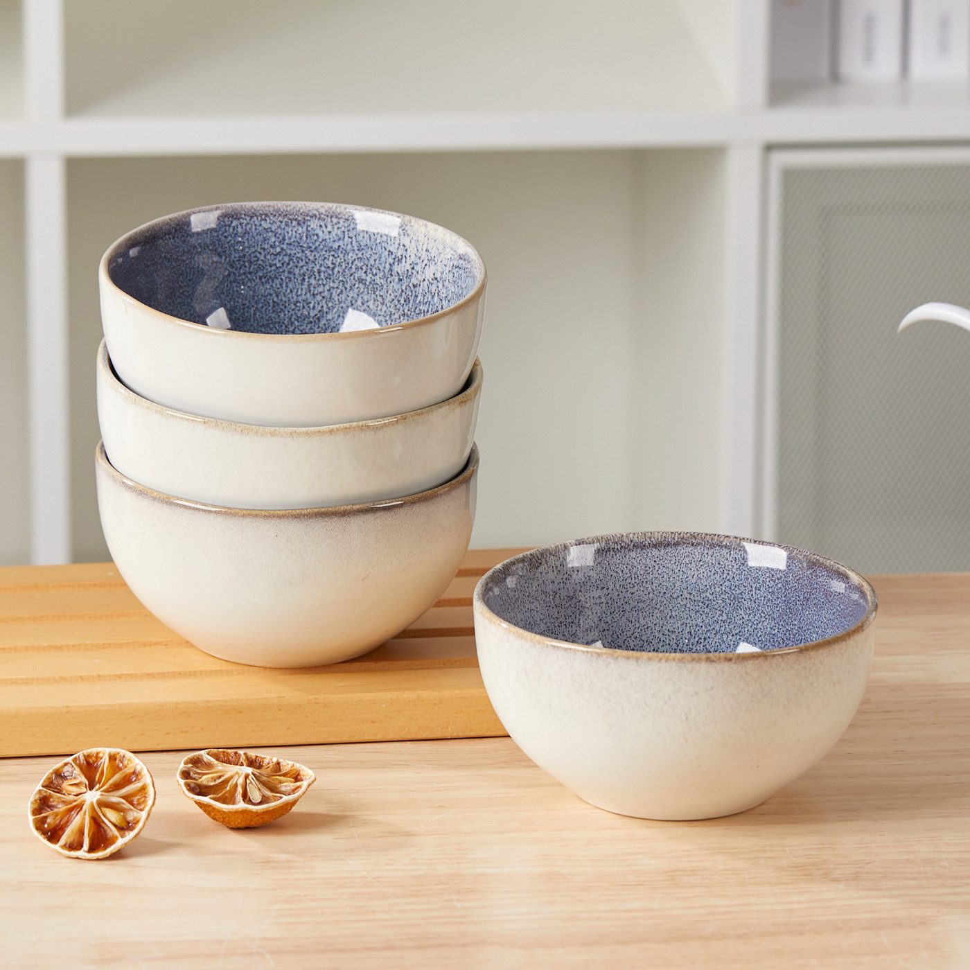 JIWOO Salatschüssel 4er Ø13.5cm, Müslischüssel Suppenschüssel Dessertschale Obstschale, Keramik, (Schüsselset, 4-tlg), Hochwertiges Schüsseln Blau Mikrowellen und spülmaschinenfest Ø13,5cm