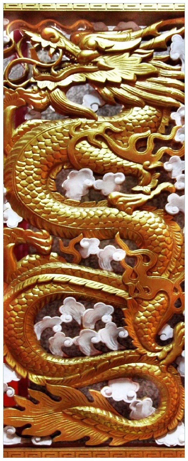 Wallario Memoboard Traditionelle chinesische Holzarbeit mit Drachen in rot und gold