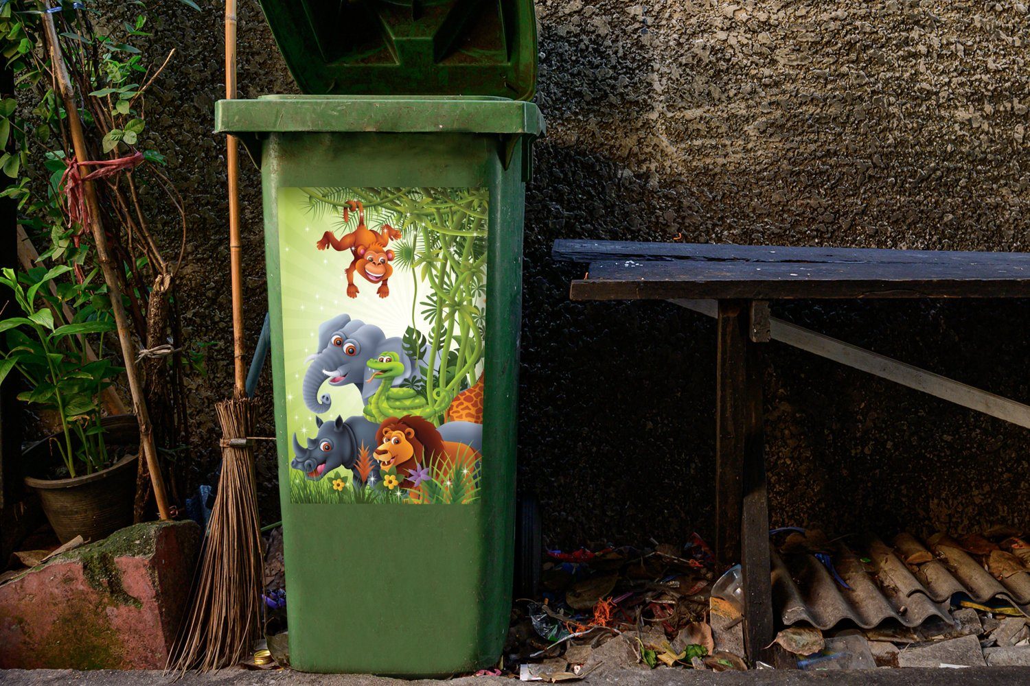 MuchoWow Wandsticker - Mülleimer-aufkleber, Container, Sticker, Pflanzen St), Abfalbehälter Kinder (1 Mülltonne, Elefant - Löwe Dschungeltiere - - - Giraffe