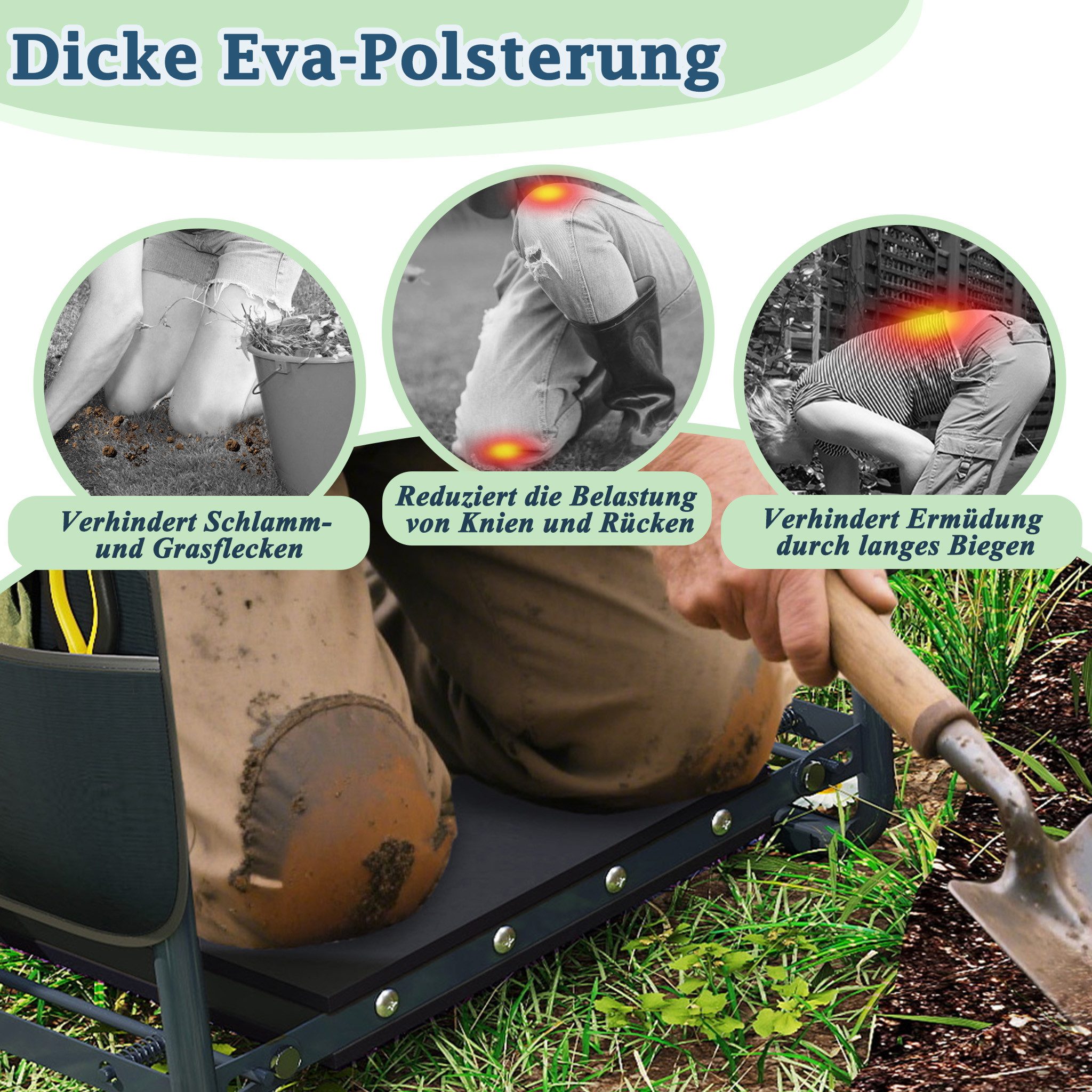 FIVMEN Kniebank Arbeitshocker 2-in-1 Gartenhocker Gartenarbeit Kniehilfe, Anthrazit, mit Eva-Schaumkissen Arbeitstasche Gepolstert für Garten, 60x50x28cm