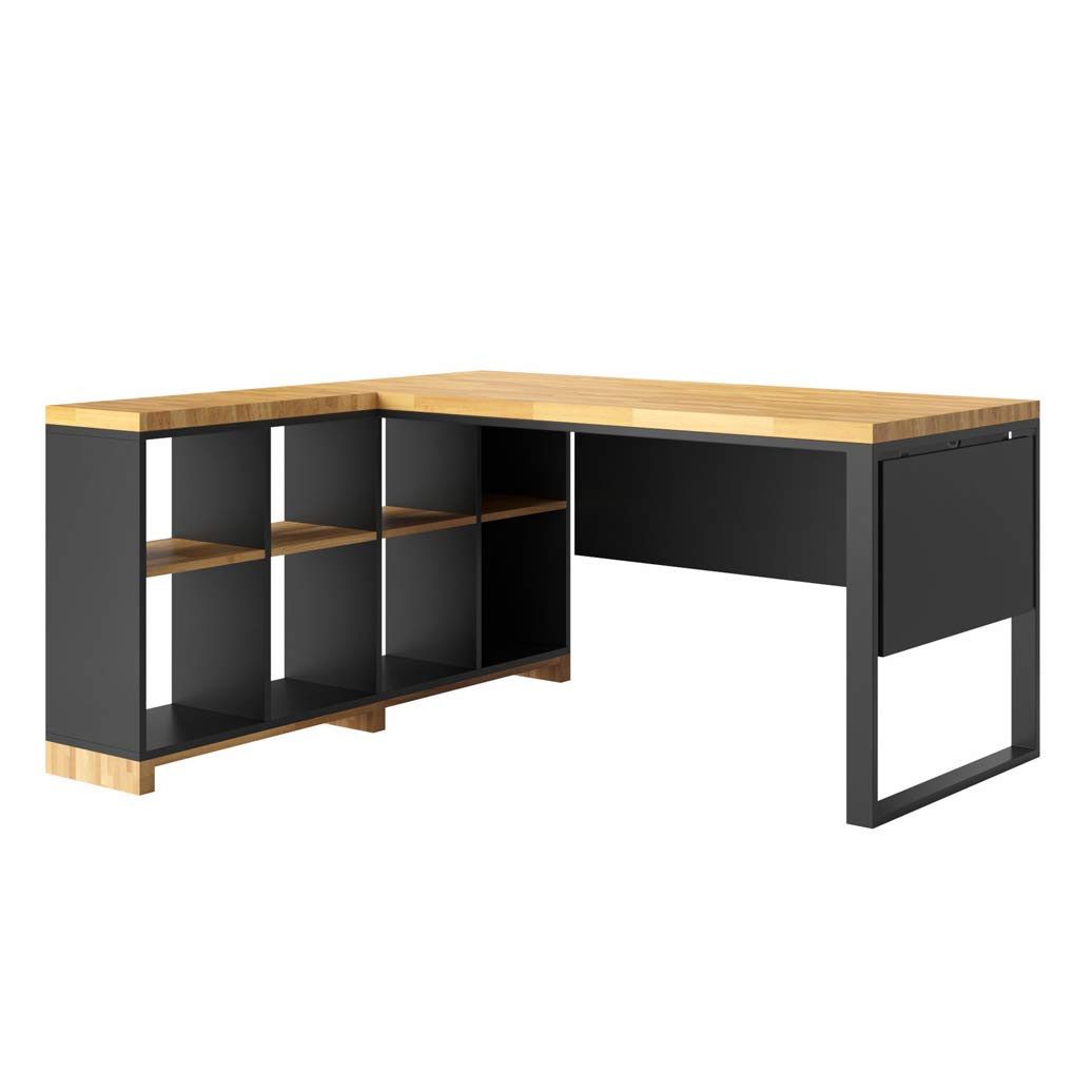 Deerhorn Eckschreibtisch Modern Office mit Regal aus Eiche, Eckschreibtisch mit Stil, 38 mm starke Eichenplatte
