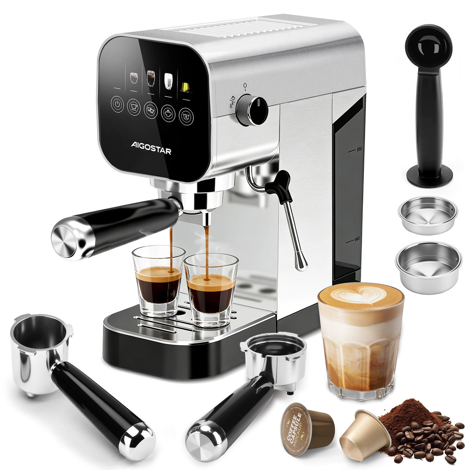 Aigostar Siebträgermaschine Espressomaschine mit Milchaufschäumer, Kompatibel mit Kapseln und Gemahlenem Kaffee, Edelstahl, 20 Bar, Digitales Touchpanel, 1/2 Tassen, 0,9L, 1350 W, Edelstahl