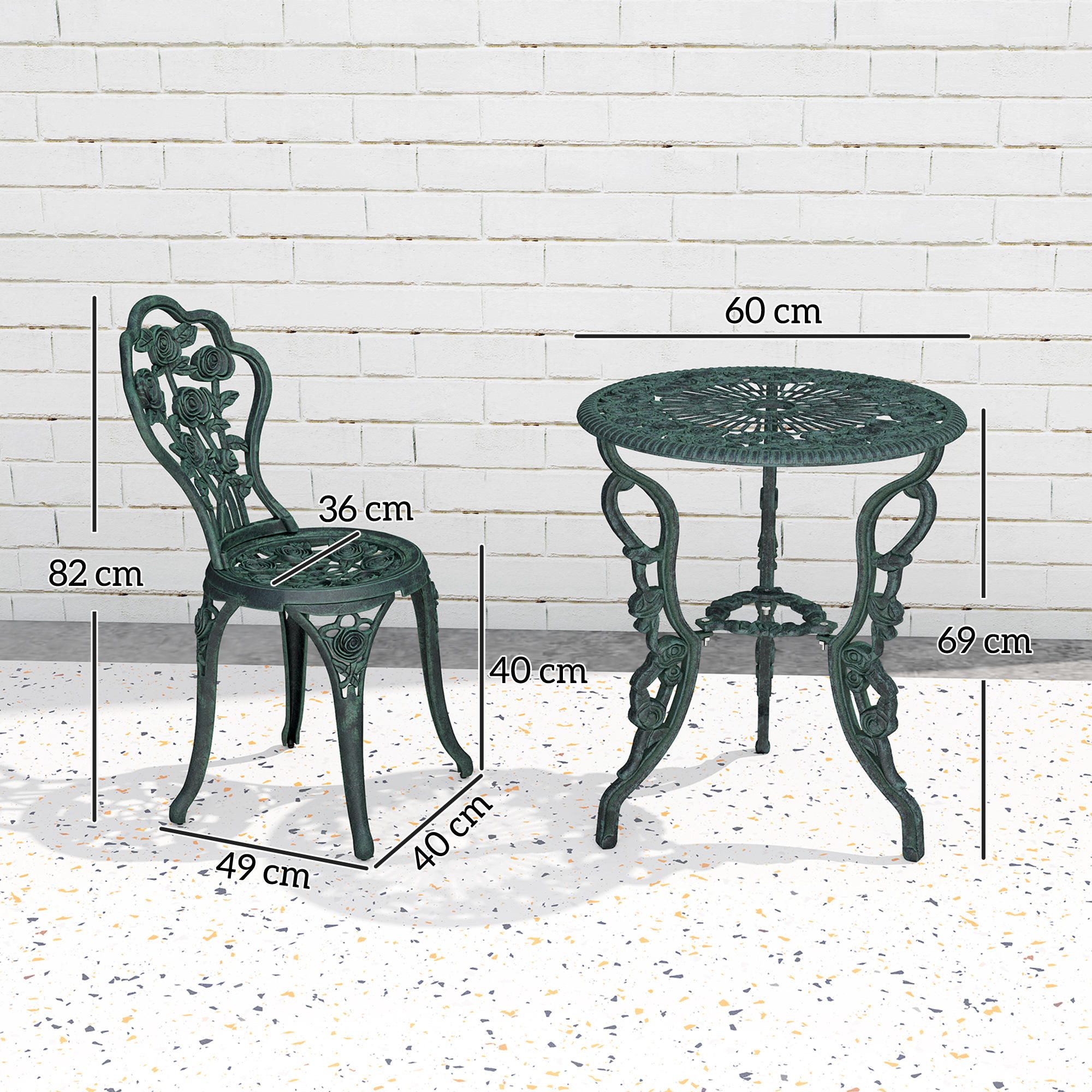 Outsunny Balkonset Gartenmöbel 3-tlg. Balkonmöbel Set, (Bistroset, 3-tlg., Gartenset), Gussaluminium, Antik Grün – Bild 3 von 5