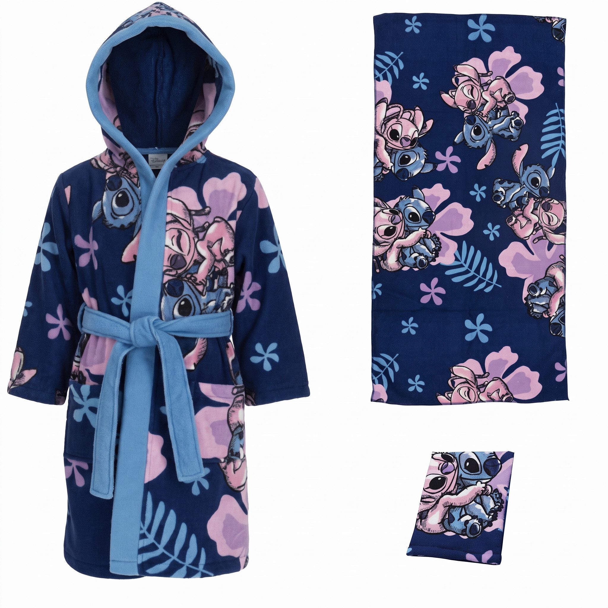 Disney Kinderbademantel Disney Stitch Angel Kinder 3 tlg Set Bademantel Handtuch Handschuh, Polyester, Kapuze, Gürtel, Gr. 98 bis 128