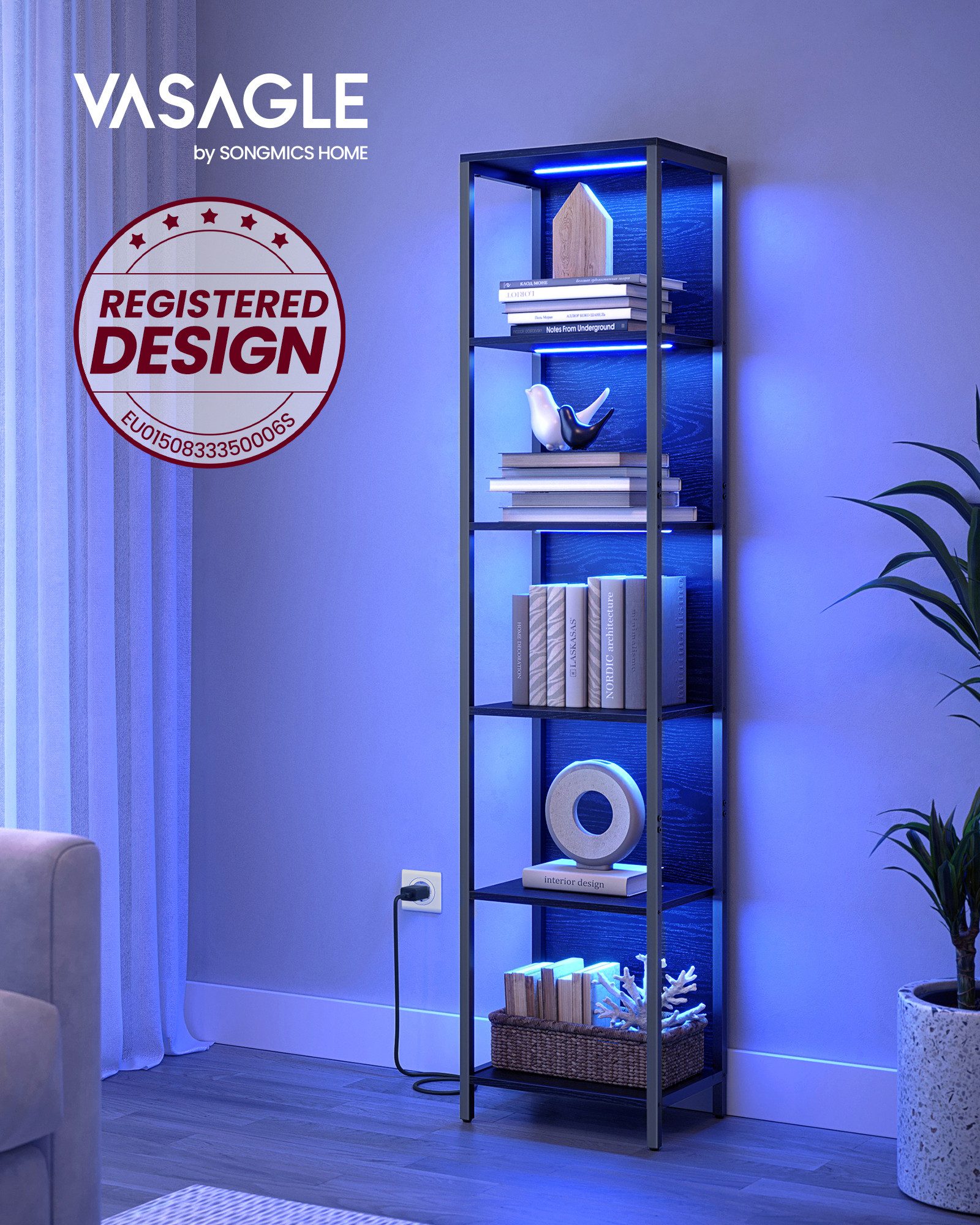 VASAGLE Bücherregal Standregal, mit 6 Ebenen, Standregal mit einstellbarer LED-Beleuchtung, Regal