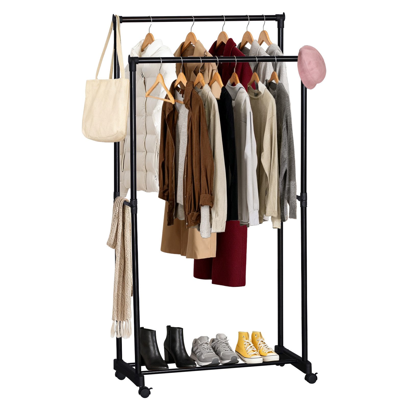 kisidus Kleiderständer Garderobenständer mit 2 Kleiderstangen und Ablage, Rollen, (Garderobe auf Rollen, seitliche Haken für Accessoires), für Schlafzimmer, Ankleidezimmer, schwarz