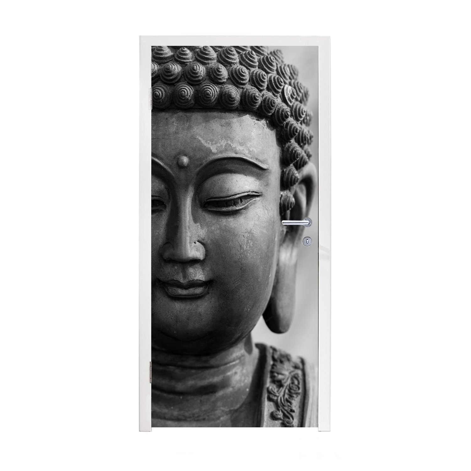 MuchoWow Türtapete Buddha - Grau - Spiritualität - Buddha-Statue - Religion, Matt, bedruckt, (1 St), Fototapete für Tür, Türaufkleber, 75x205 cm