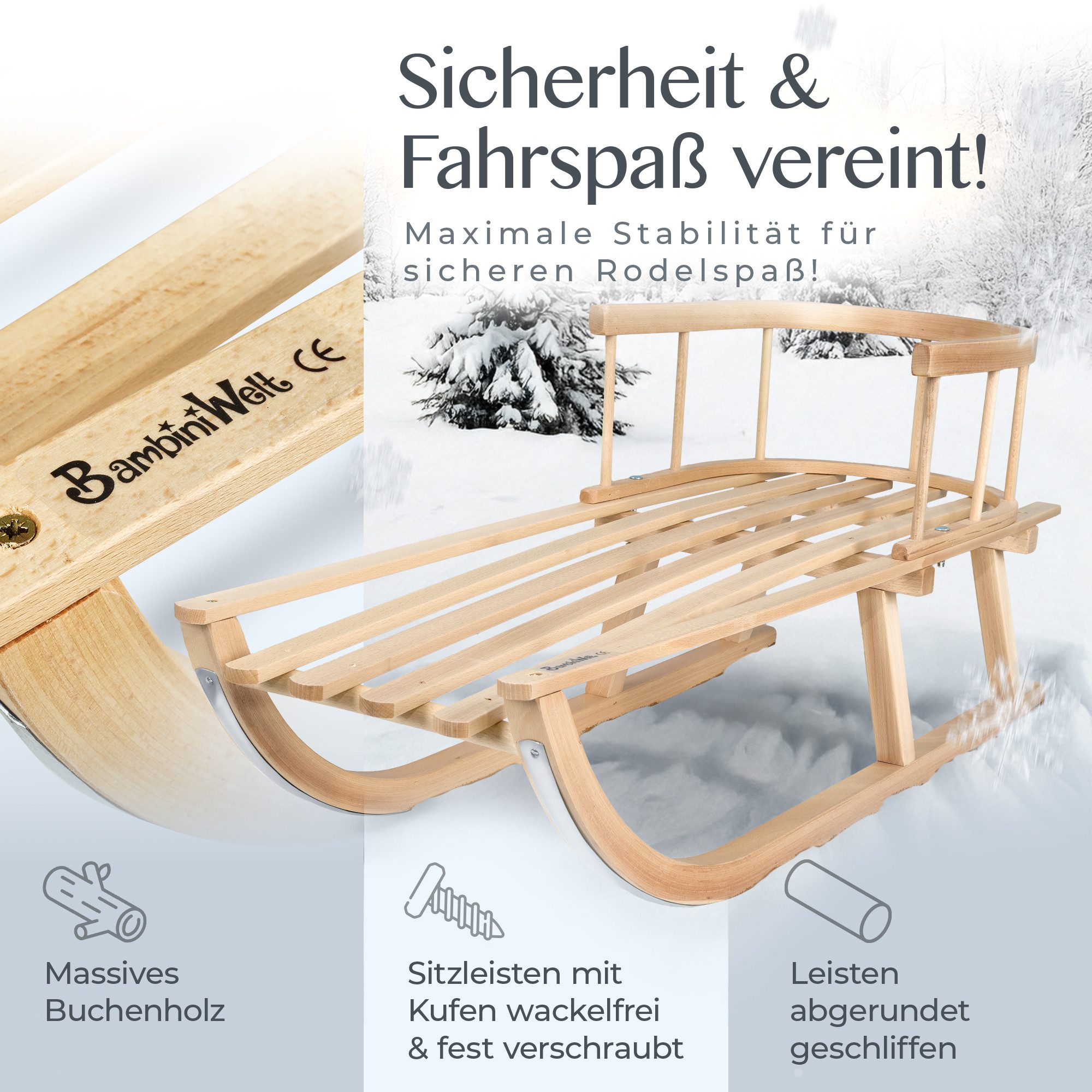 BambiniWelt by Rafael K. Schlitten CE-HOLZSCHLITTEN mit Rückenlehne Zugleine + WINTERFUßSACK Wolle 108cm (universaler Winterfußsack (108cm) + Holzschlitten (90cm), Kombi-Angebot