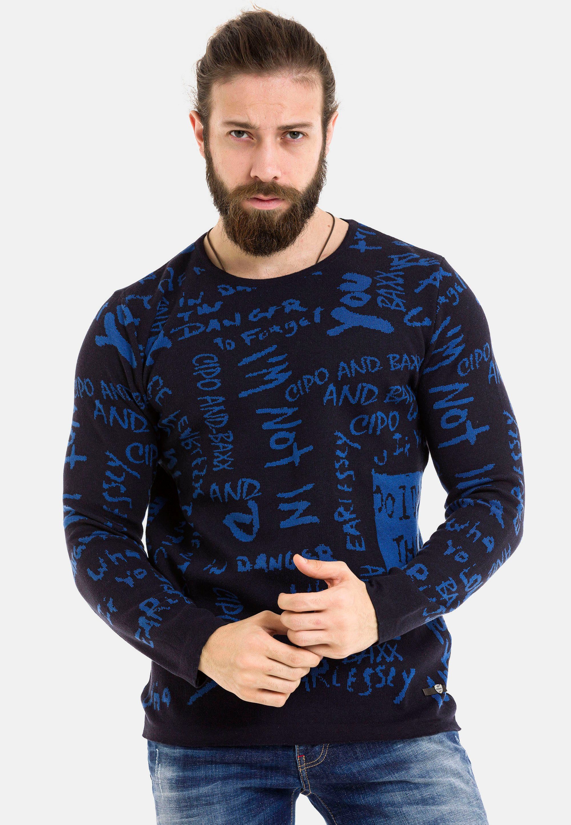 & Strickpullover blau Baxx Schriftzug-Design trendigem Cipo mit