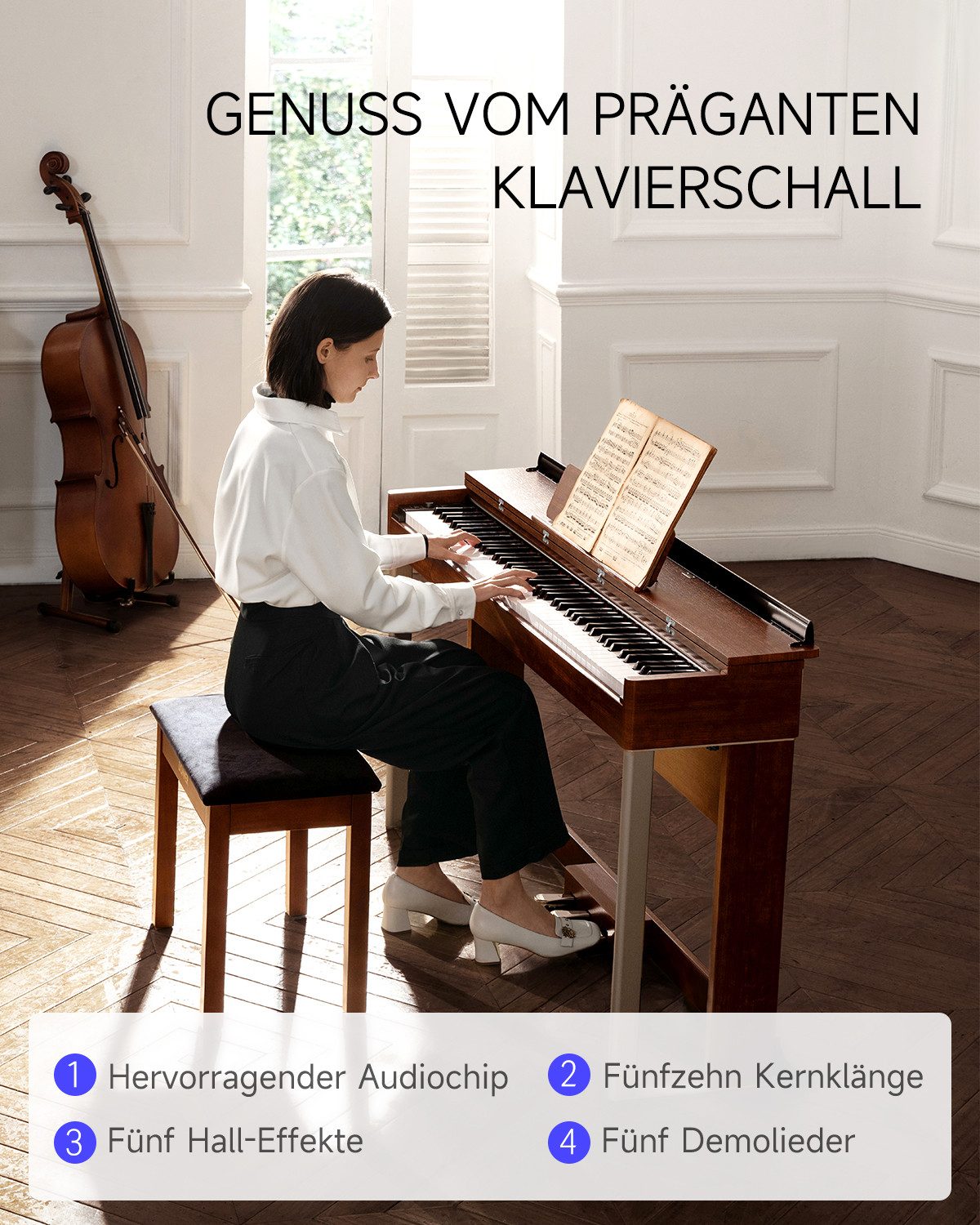 Donner Digitalpiano E-Piano 88 Tasten gewichtetes Hammermechanik Klavier DDP-200 (SET), Holzgehäuse, LCD-Display, 5 Reverb-Effekte, Bluetooth-MIDI, 3 Pedale