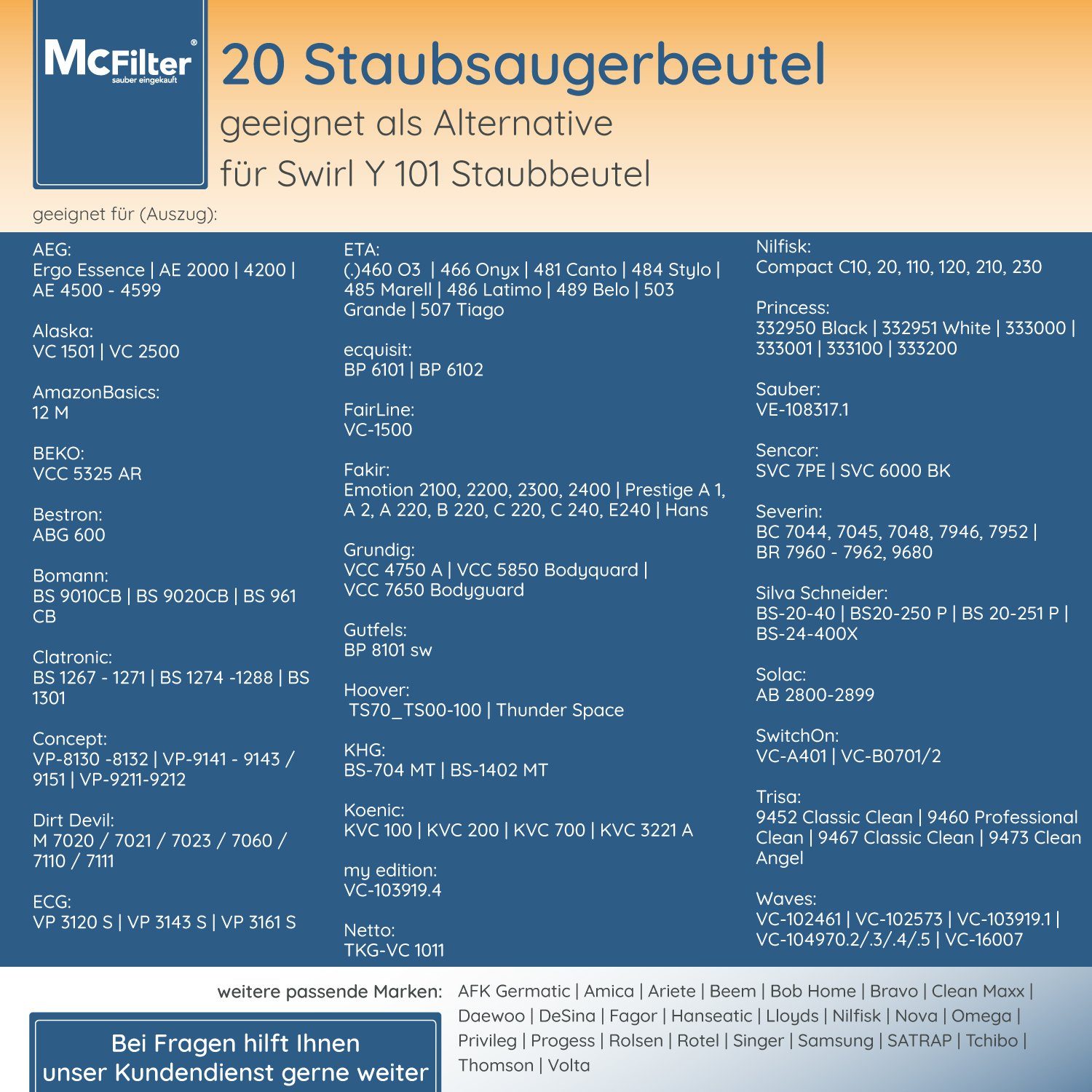 Filter, Y für Filtration, Grundig Devil passend Alternative hohe inkl. 30 Dirt Staubsauger, Pappdeckscheibe, Staubsaugerbeutel 101, Reißfestigkeit, McFilter 5-lagiges St., Swirl Y101 Microvlies AEG Top zu