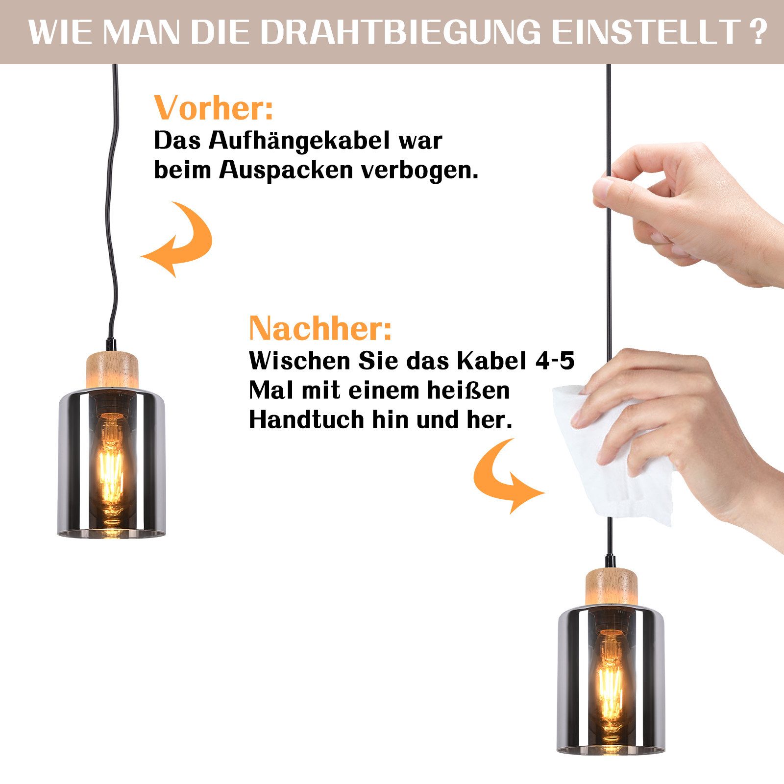 ZMH Pendelleuchte Holz 1/3/4 flammig,Hängelampe E27 aus Rauchglas, ohne Leuchtmittel, höhenverstellbare hängeleuchte für Esstisch und Esszimmer – Bild 3 von 5