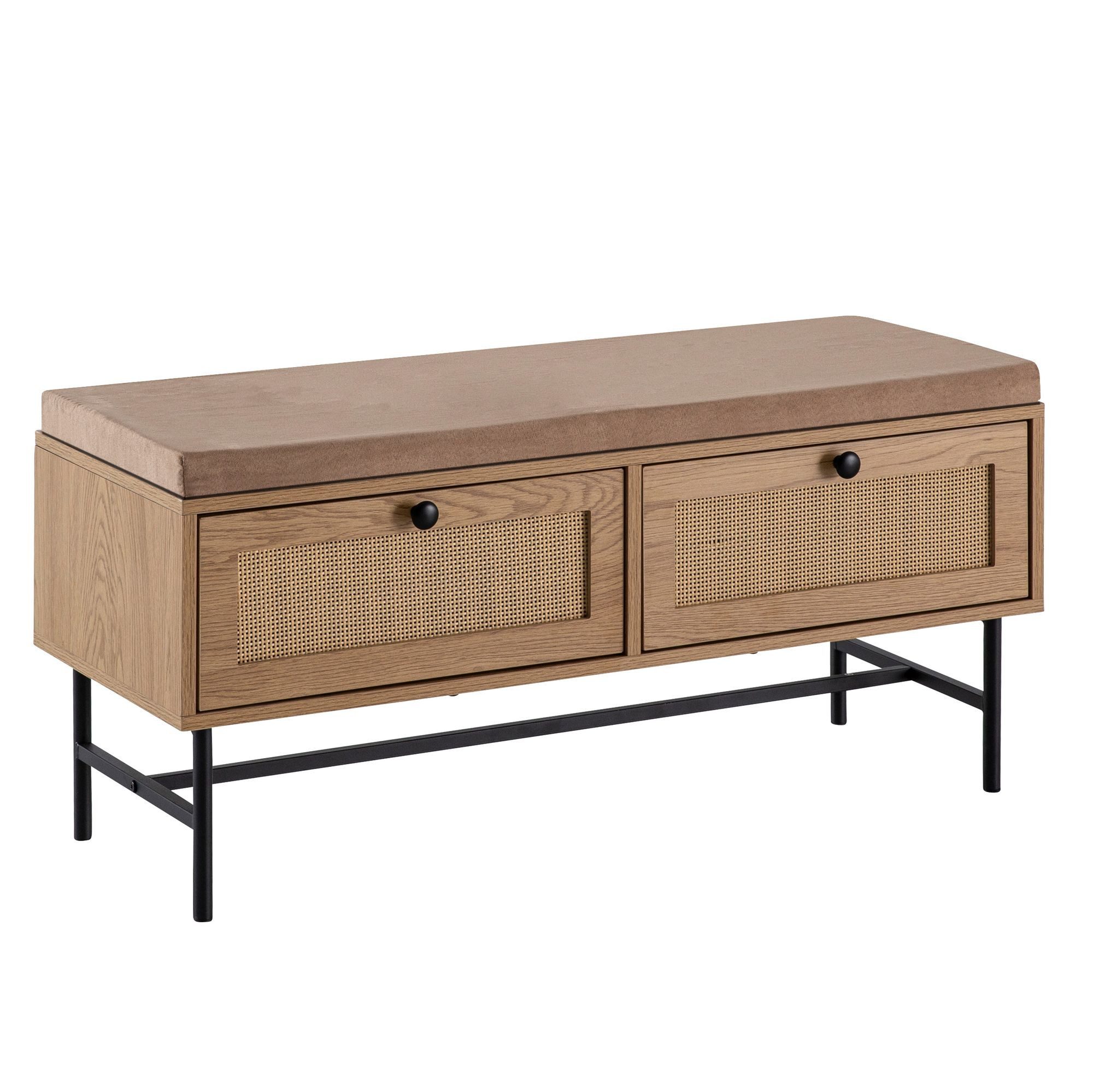 Wohnling Schuhbank Schuhbank 100 cm Flurbank Sitzbank Rattan Schuhregal Eiche Schubladen (Garderobenbank Gepolstert, 100 cm Eiche-Dekor), Sitzbank Schmal Flur mit Stauraum, Flurbank