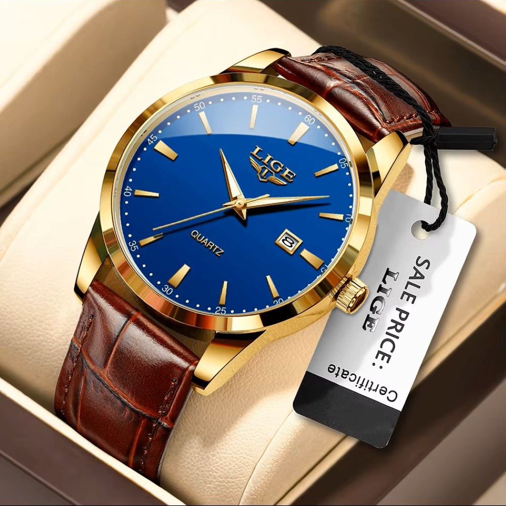Tidy Quarzuhr LIGE 89143 Herrenuhr mit blauem Zifferblatt und braunem Armband
