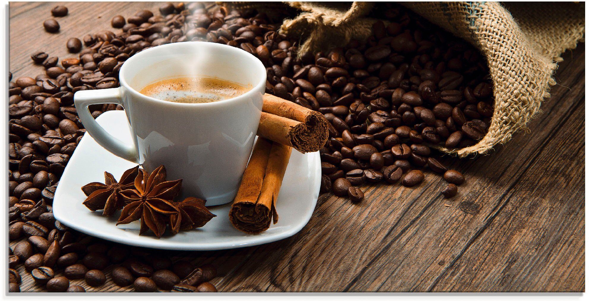 Artland Glasbild Kaffeetasse Leinensack mit Kaffeebohnen, günstig online kaufen