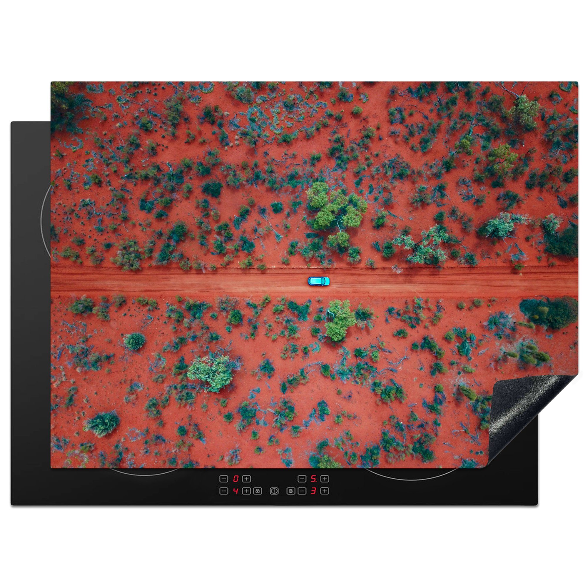 MuchoWow Herdblende-/Abdeckplatte Auto auf roter Straße in Australien aus der Vogelperspektive, Vinyl, (1 tlg), 70x52 cm, Mobile Arbeitsfläche nutzbar, Ceranfeldabdeckung