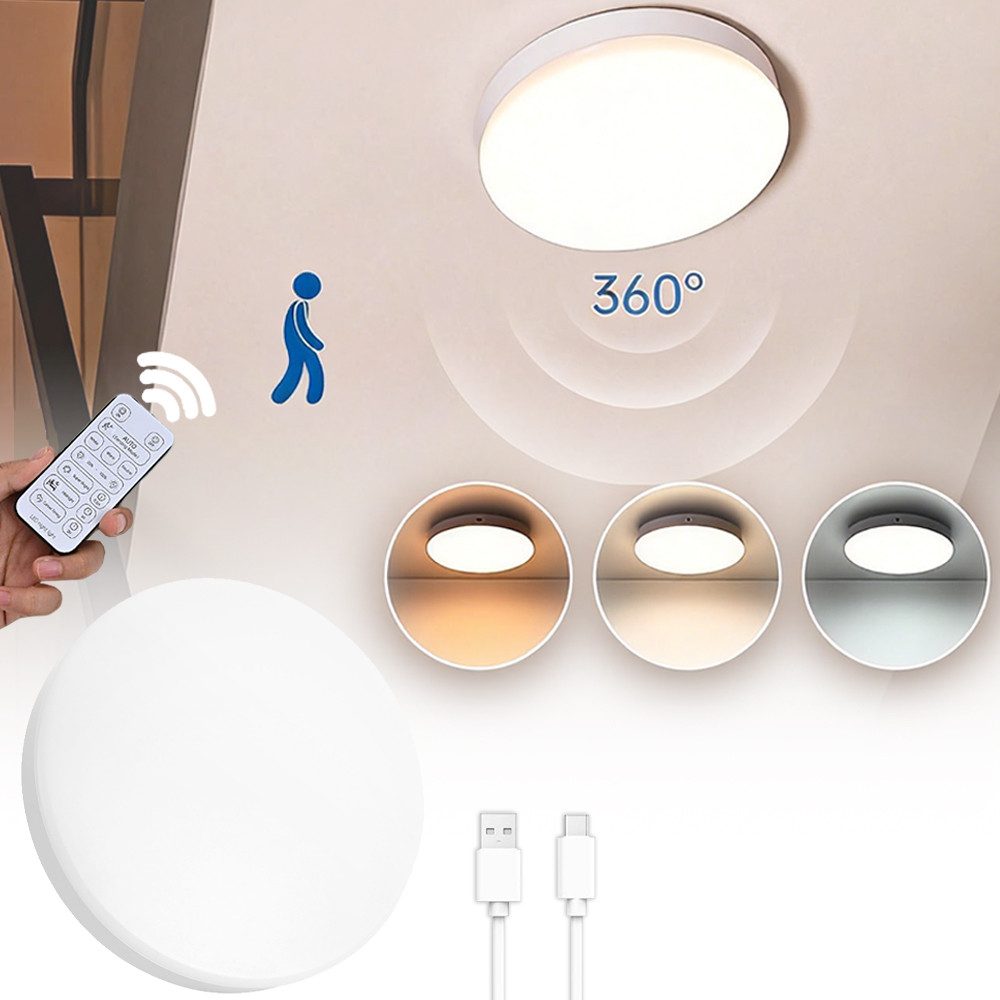 PRIISF LED Deckenleuchte LED Deckenlampe mit Radar Bewegungsmelder Akku Deckenleuchte 10000 mAh, Dimmbar, 3000K/4300K/6500K Runde Sensor Licht, Wiederaufladbare Deckenleuchte LED Panel, Aufladbar Lamp mit Fernbedienung‌ für Badezimmer, Keller, Garage