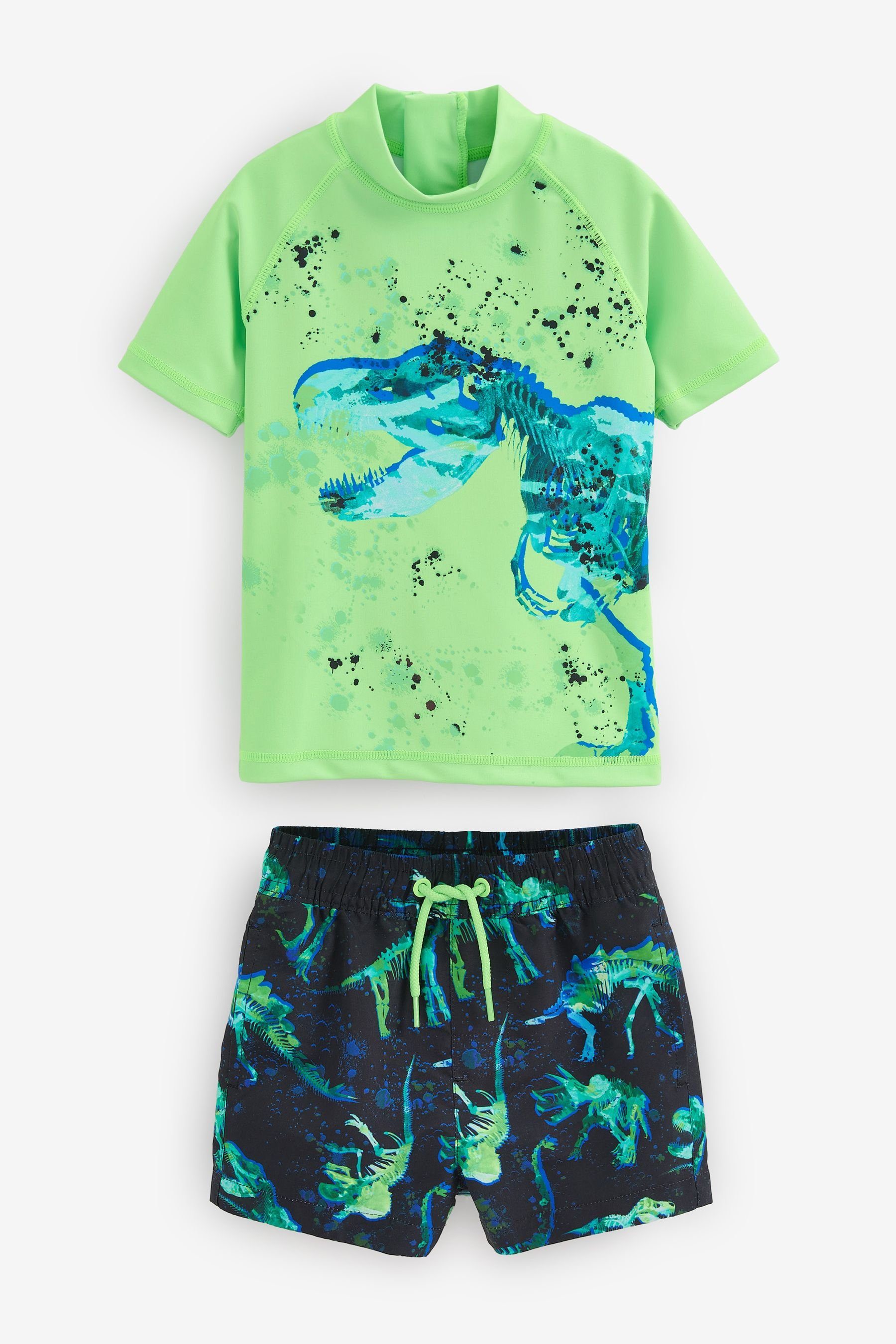 Next Badeanzug Zweiteiliges Sonnenschutzset mit Top und Shorts (2-St) Fluro Green Dinosaur