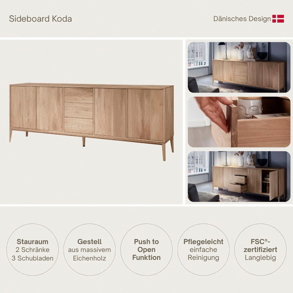 Home affaire Sideboard Koda, Anrichte mit 2 Schränken & 3 Schubladen, Push-to-Open-Funktion, Massives Eichenholz, verstellbare Einlegeböden, Minimalistischer Stil