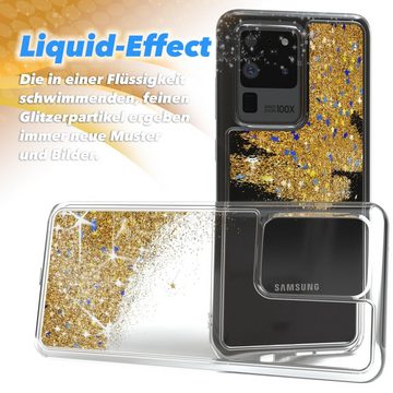 EAZY CASE Handyhülle Liquid Glittery Case für Samsung Galaxy S20 Ultra 6,9 Zoll, Durchsichtig Back Case Handy Softcase Silikonhülle Glitzer Cover Gold
