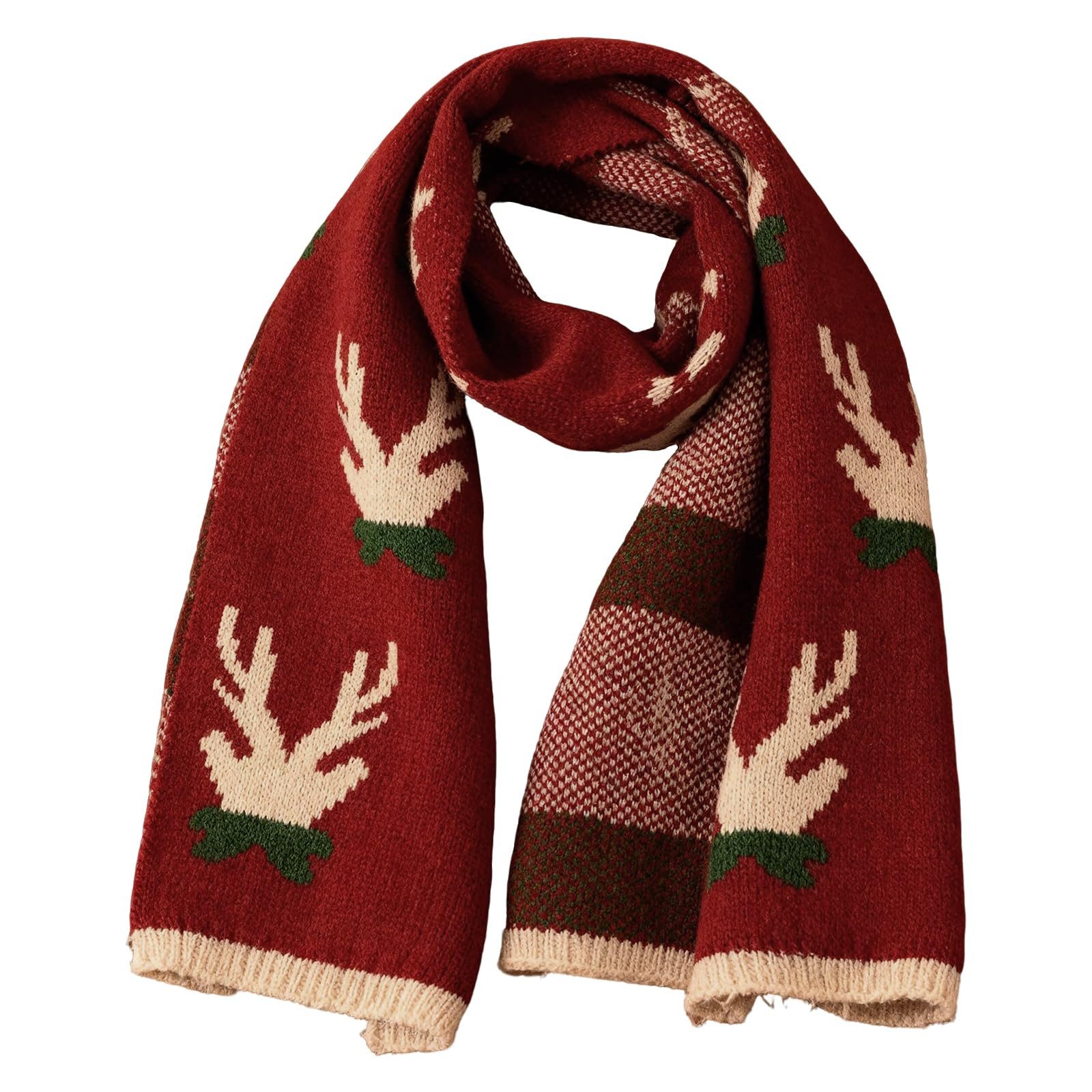 FOUORTUNATE-BEE Halstuch Weihnachts-Strickschal Damen – Warm, weich mit Rentier Tannendesign, Roter & grüner Weihnachts-Schal Gemütlicher Winterschal für Frauen