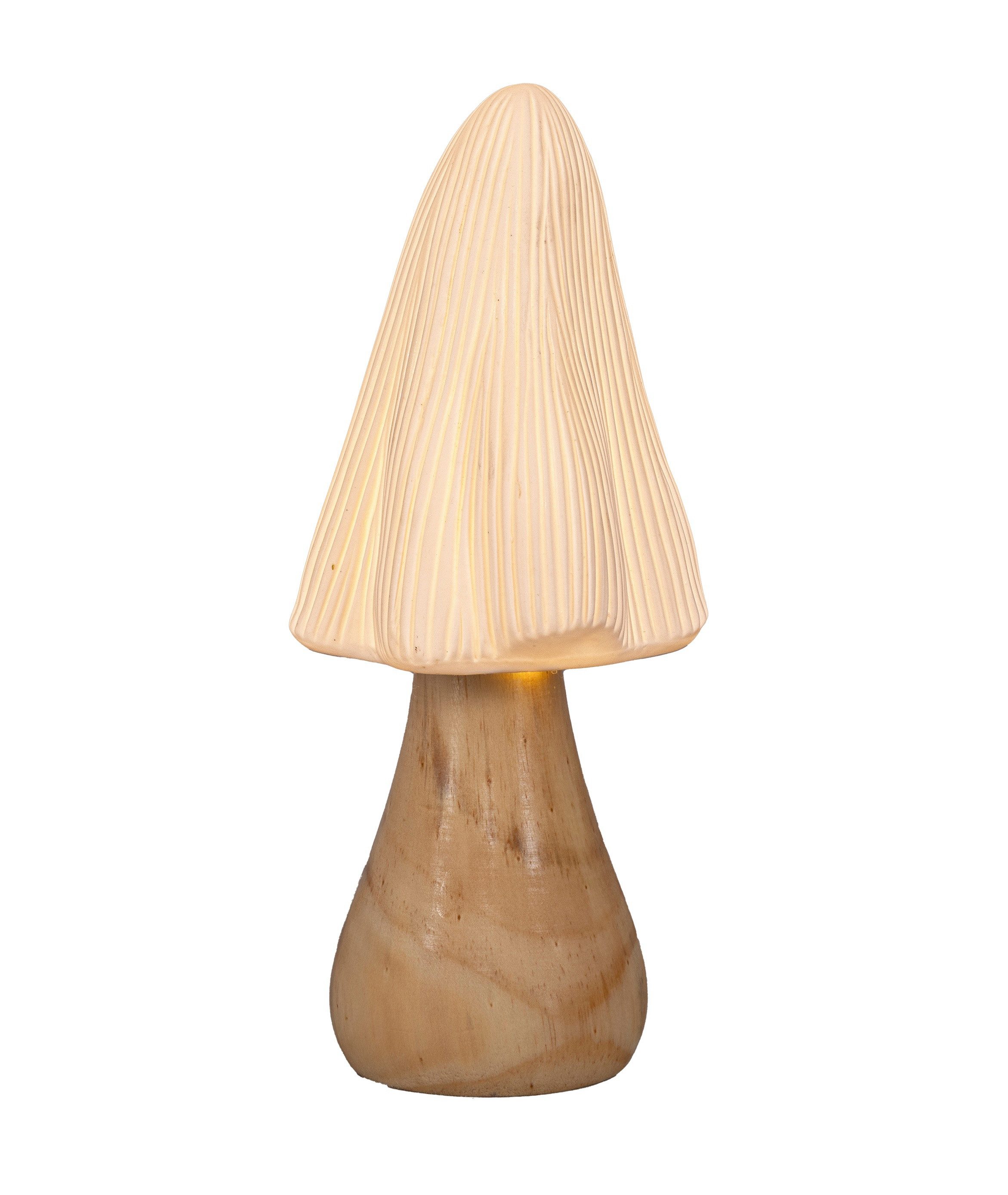 HGD Dekofigur LED-Pilz aus Keramik mit Holzsockel - mit warmweißem Licht, Ideal als Dekoration für die Herbstzeit - für Naturfans geeignet