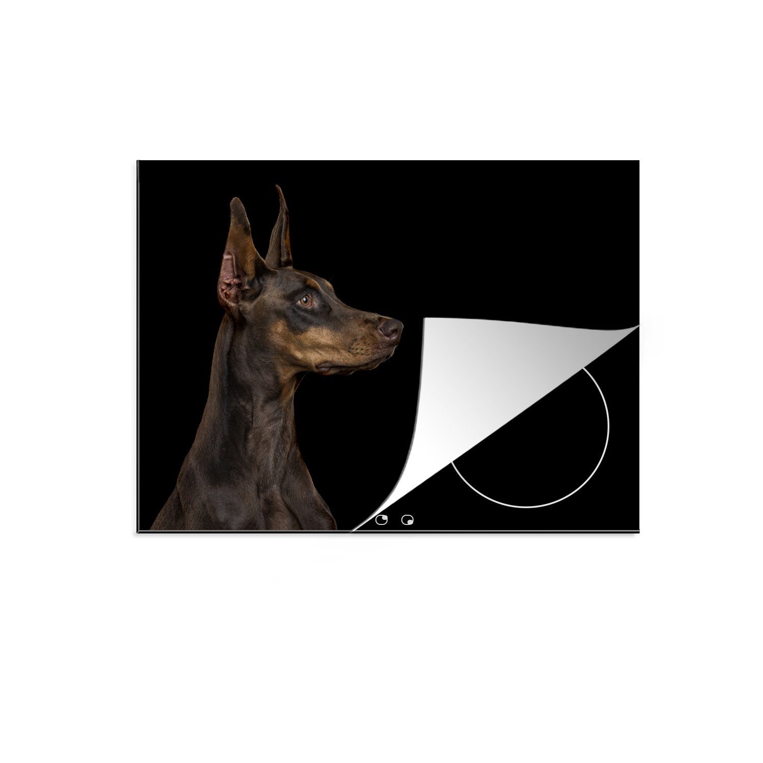 MuchoWow nutzbar, Vinyl, Ceranfeldabdeckung cm, (1 Alarmierender Herdblende-/Abdeckplatte Hintergrund, tlg), 70x52 Hund schwarzem auf Arbeitsfläche Mobile