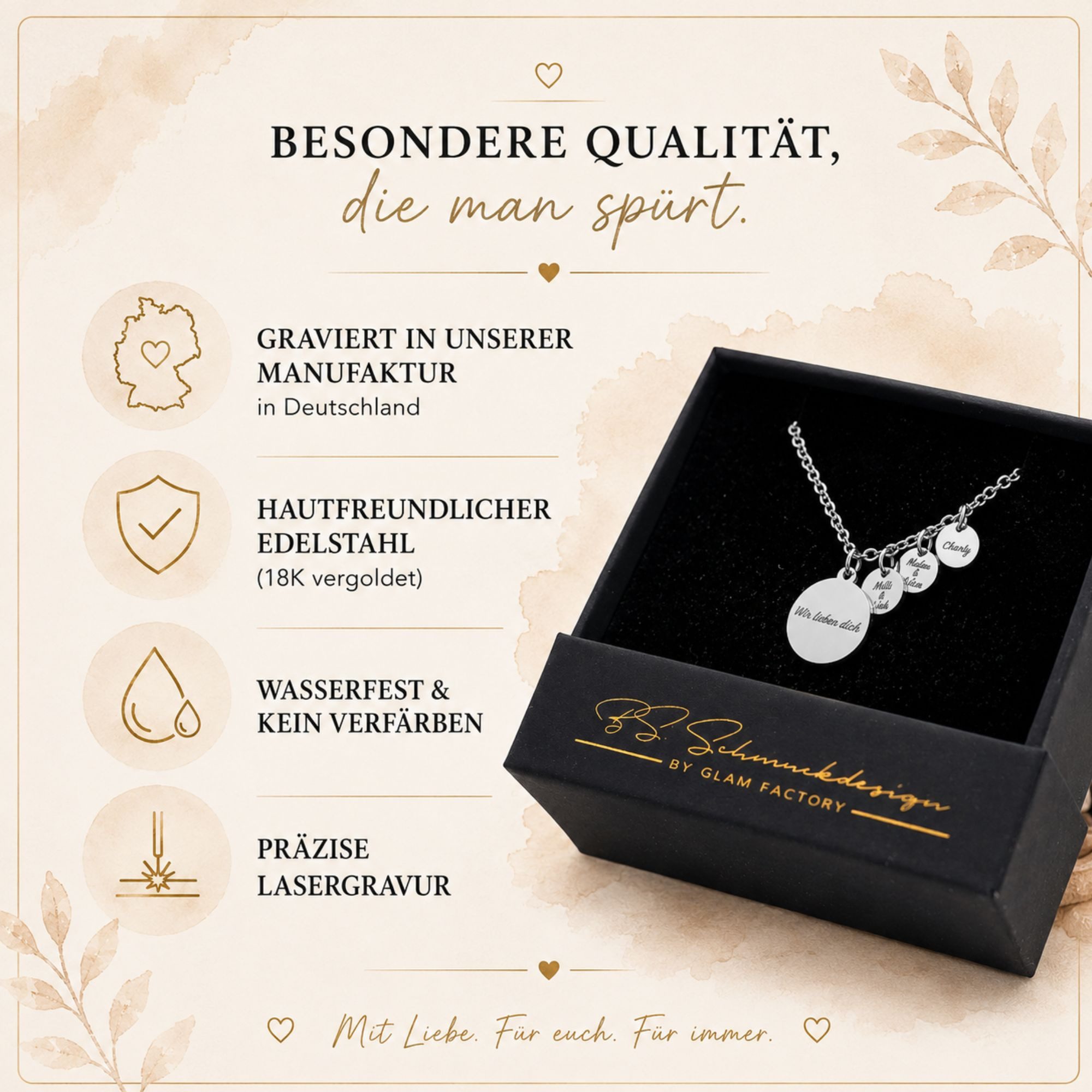 BS Schmuckdesign Kette mit Anhänger mit Gravur Personalisierte Halskette Damen Gravurkette Anhängerplättchen (inkl. Gravur), personalisiert inkl. Geschenkbox