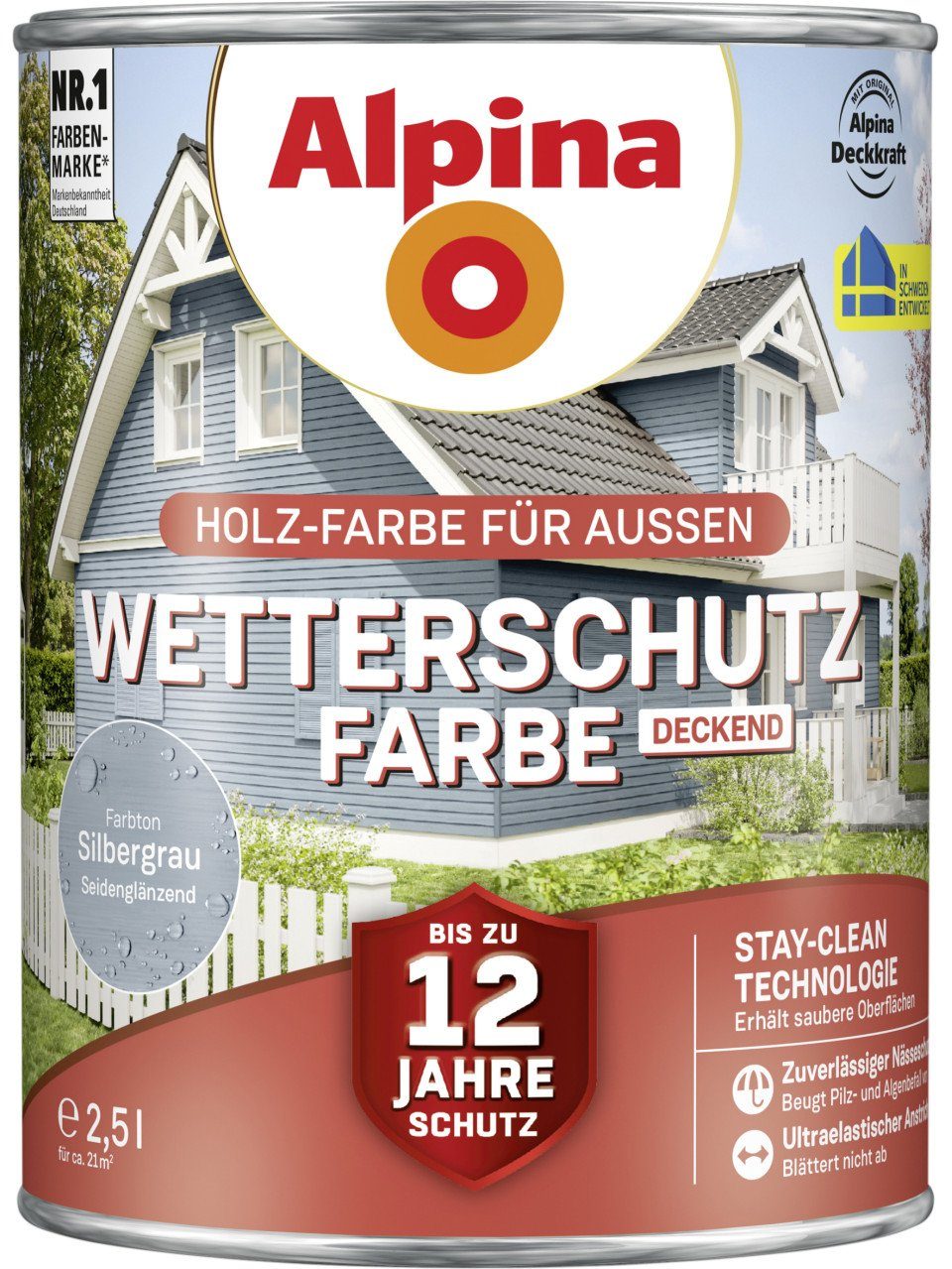 Holzschutzlasur Alpina Wetterschutzfarbe 2,5 L silbergrau