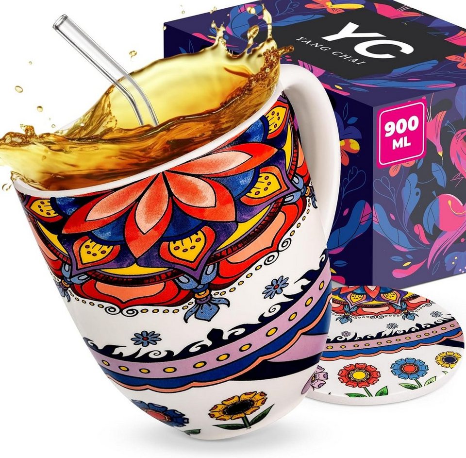 Yang Chai Tasse XXL Teetasse, Großes Teeglas mit 900ml Fassungsvermögen,  Pozellan, 4-teiliges hochwertiges Teeset mit Blüten Motiv