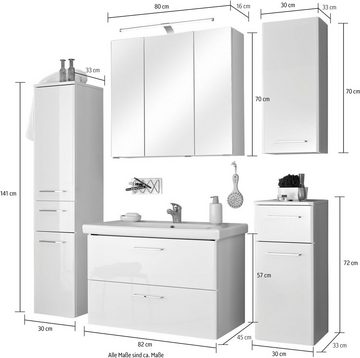 Saphir Badmöbel-Set Quickset 316 5-teilig, inkl. Keramik-Waschtisch und LED-Spiegelschrank, (Set, 5-St), mit Türdämpfern in Weiß Hochglanz, 7 Türen, 3 Schubladen, 1 Klappe