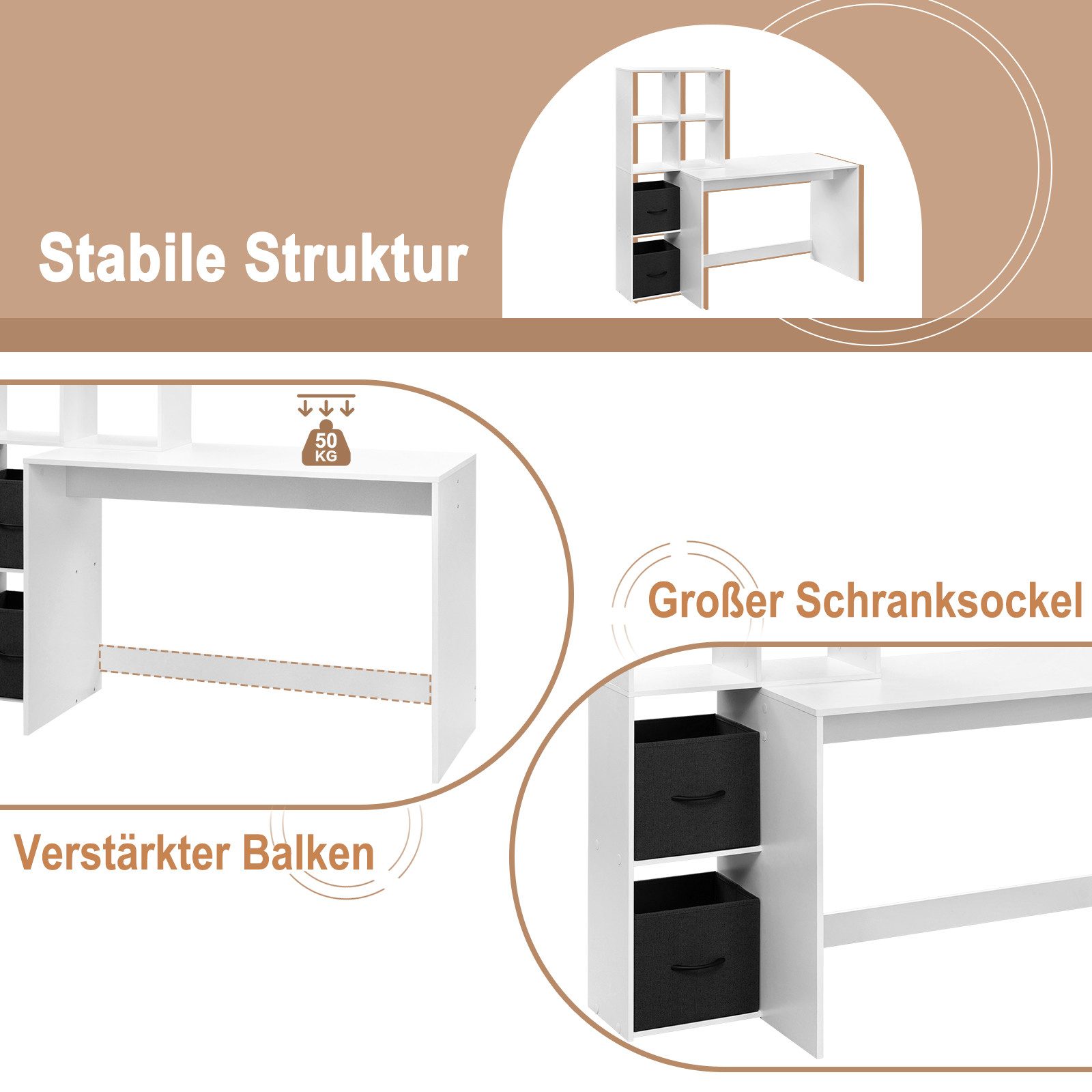 Woltu Schreibtisch, mit Regal 2 Vliesstoffboxen, für Büro Home Office Arbeitszimmer