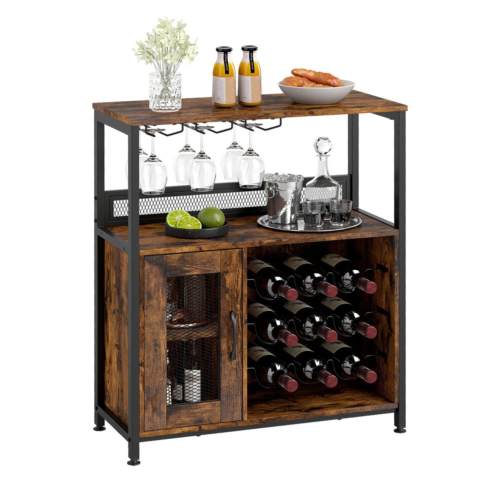 KOMFOTTEU Weinschrank mit 9 Flaschen Weinregal & 3 Gläserhaltern & Gittertürschrank