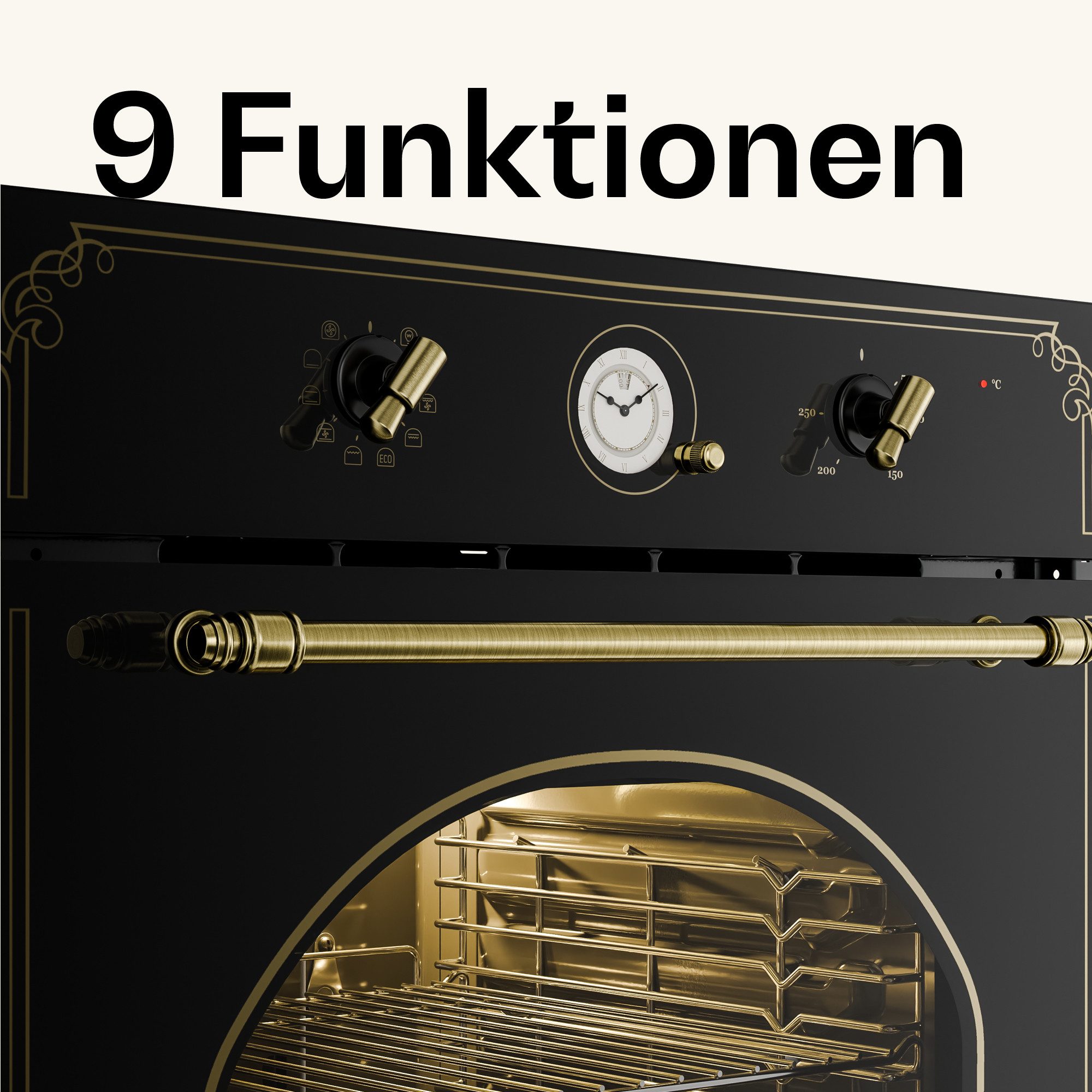 Klarstein Backofen Victoria Einbaubackofen Retro 70L 9 Funktionen 50-250°C schwarz Victoria, Backofen Built-in Oven mit Umluft Grill & Drehregler Retro