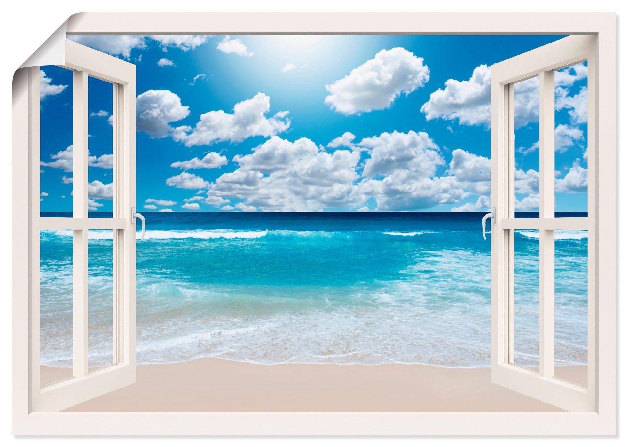 Größen als Poster St), Fensterblick (1 Wandaufkleber Leinwandbild, versch. Fensterblick Großartige oder Wandbild in Artland Strandlandschaft,