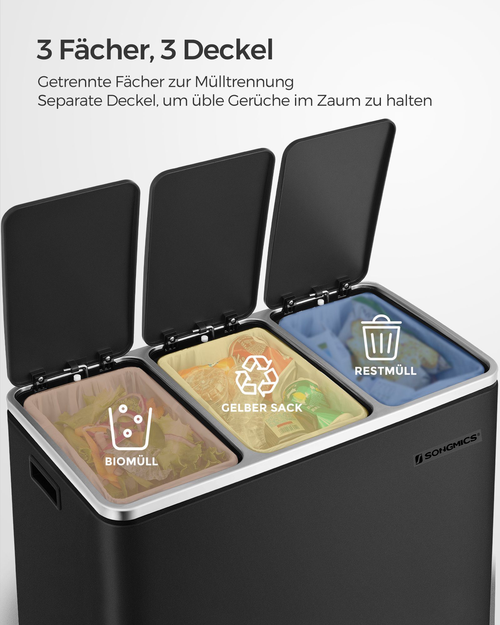 SONGMICS Mülleimer, Mülltrennsystem, 3 x 18 L, ergonomisch, 3 Fächer