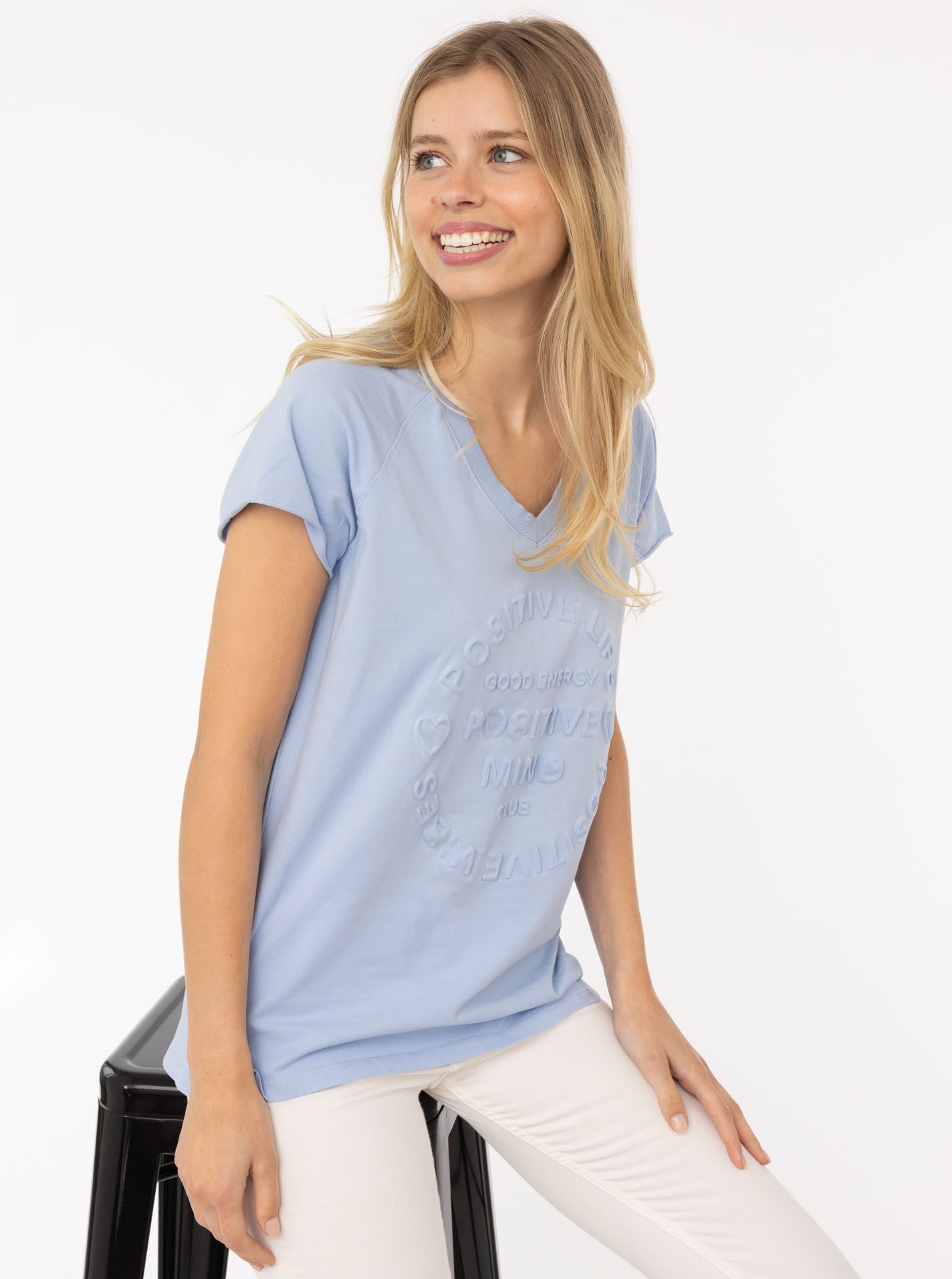 Zwillingsherz Kurzarmshirt "Positive Mind" V-Ausschnitt, Kurzarm, hinten etwas länger, Baumwollmischung