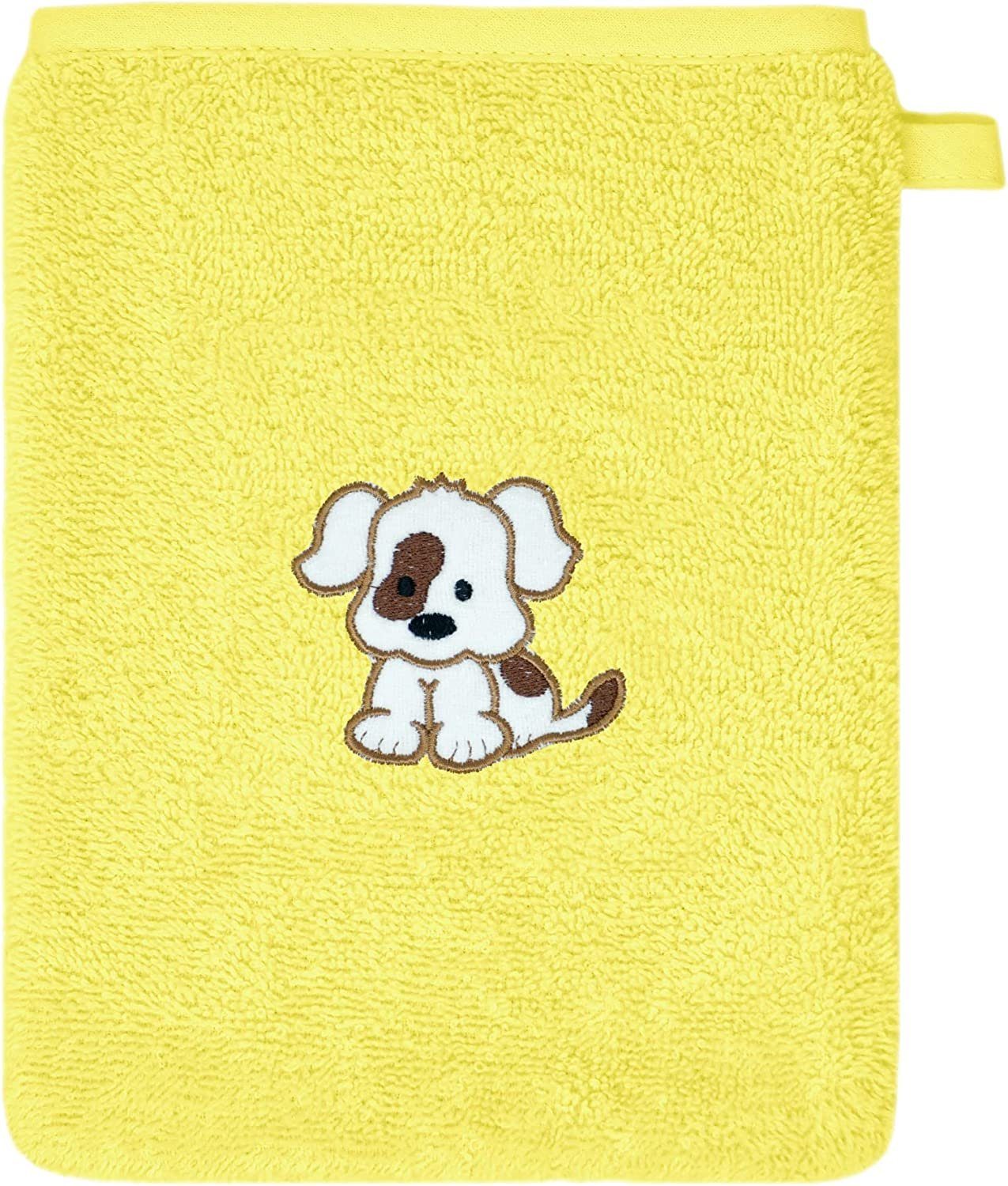 Lashuma Waschhandschuh (2-tlg), kleine Kinderhandtücher 15x21 cm gelb Hund