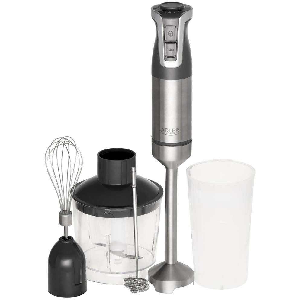 ADLER EUROPE Stabmixer AD 4627g Handmixer Set 20 Geschwindigkeitsstufen Turbo Funktion, 1800 W, Zerkleinerer, Schneebesen, Messbecher und Milchaufschäumer grau