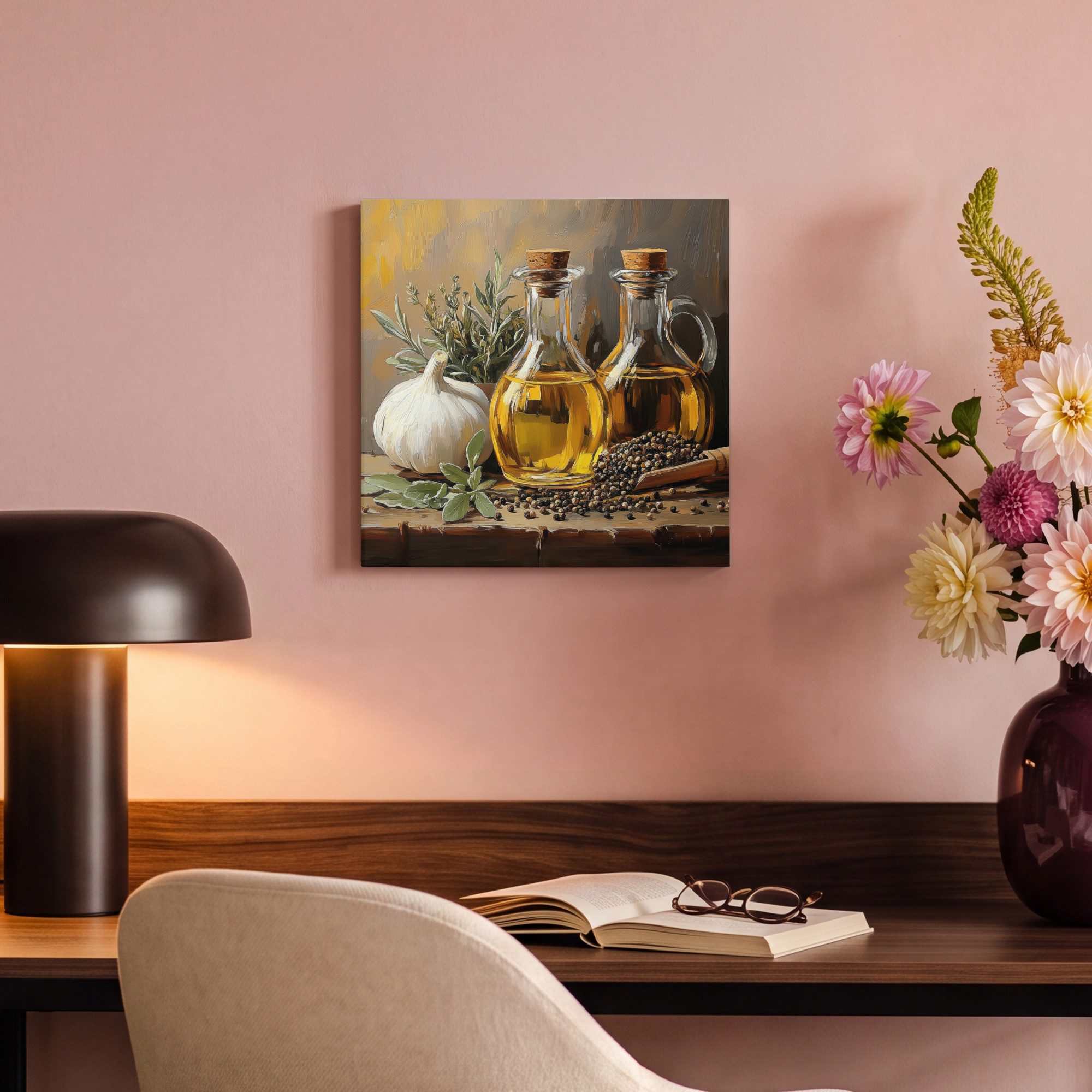 OneMillionCanvasses® Leinwandbild Stilleben - Olivenöl - Knoblauch - Kräuter, Fotodruck (1 St), Wandbild, Deko Schlafzimmer Wohnzimmer Flur 20x20 cm – Bild 4 von 5