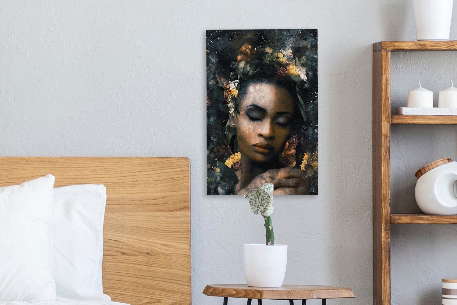 OneMillionCanvasses® Leinwandbild Blumen - Frau Zackenaufhänger, bespannt cm Gold, (1 St), Gemälde, inkl. fertig 20x30 - Leinwandbild
