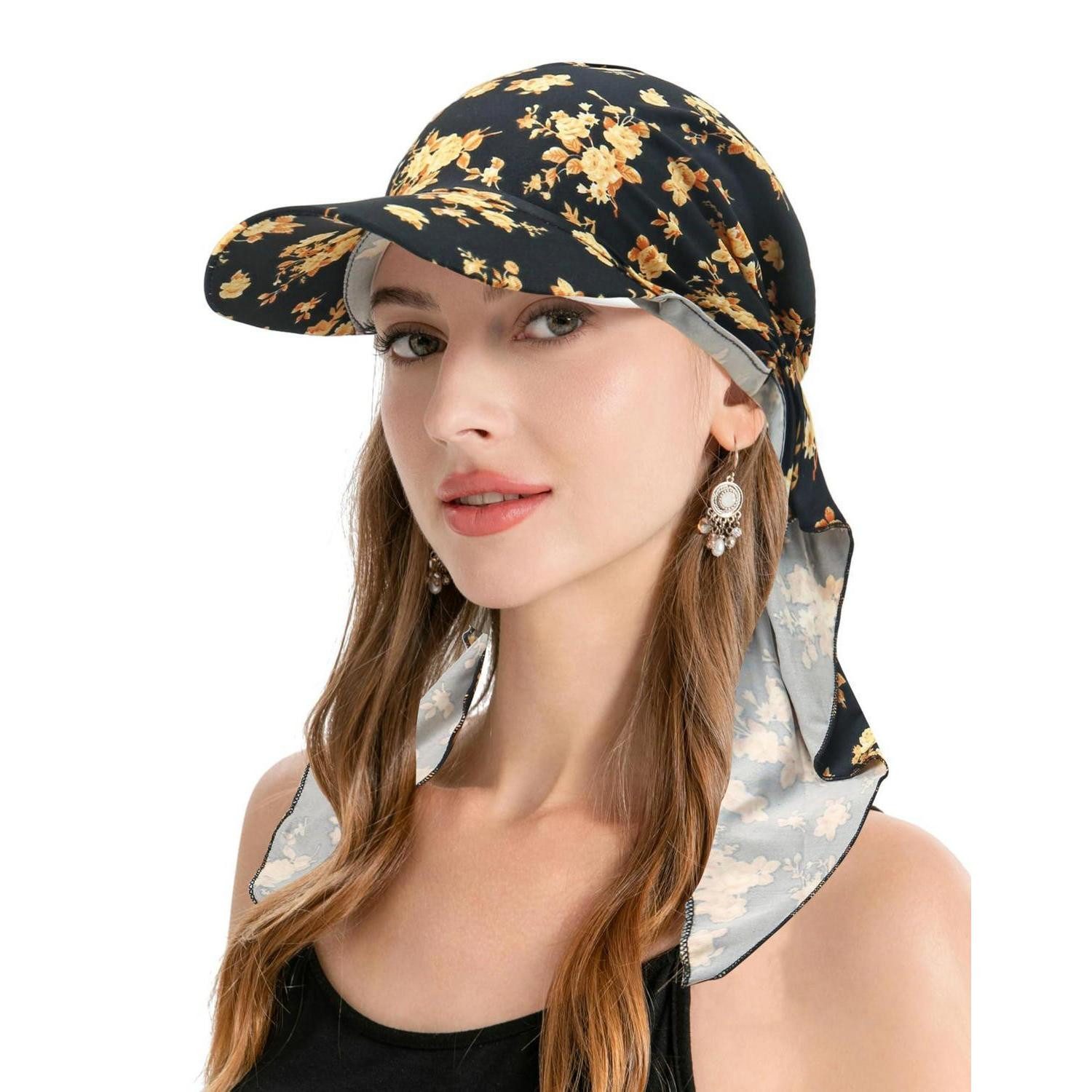 LuxusKollektion Beanie Kopfbedeckung Chemo Damen Mütze Beanie Krempe Gelbe Blumen Schwarz