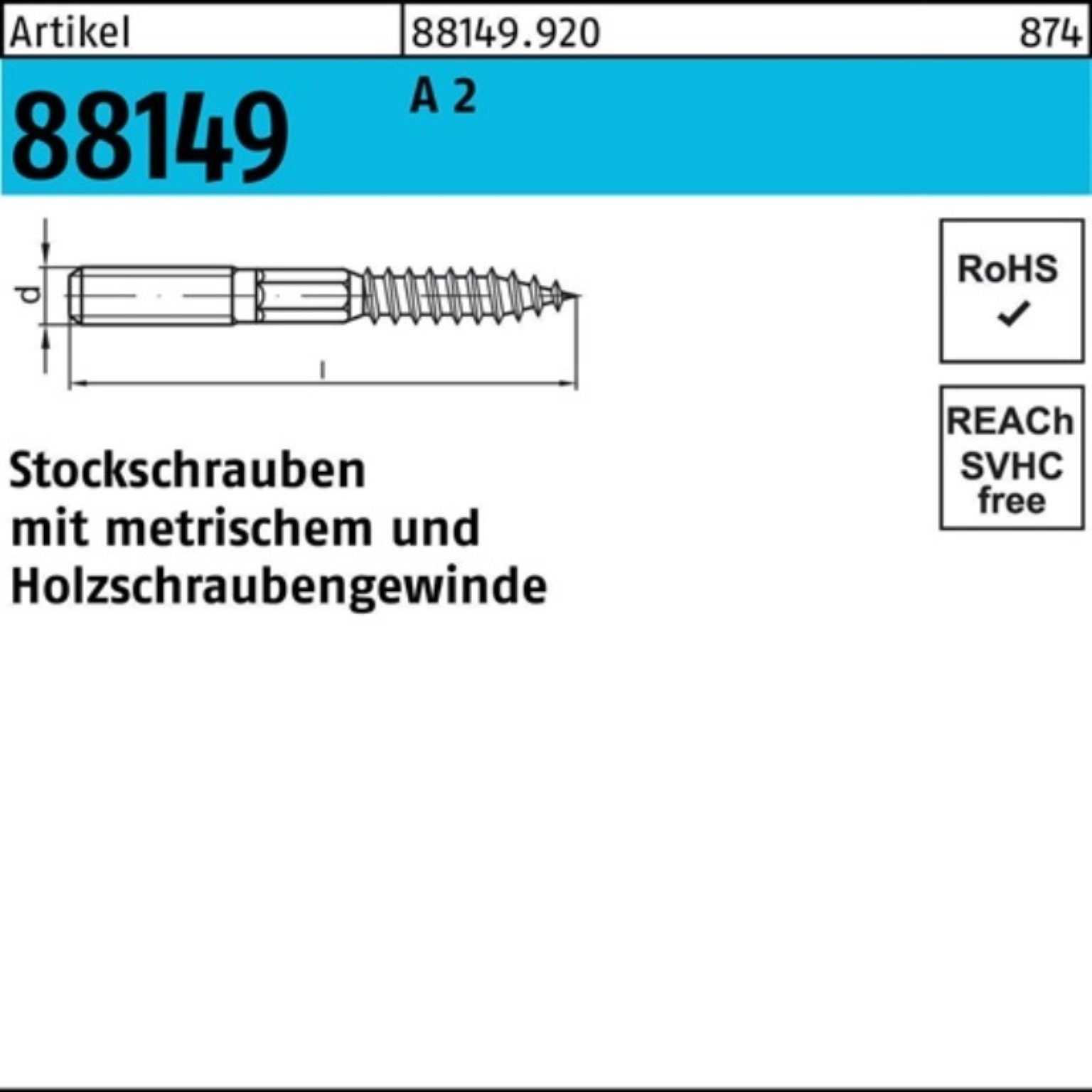 Stockschraube Stockschraube 100er Pack R Artike 88149 E A 2 23 Typ Reyher M8x 140 Stück 50