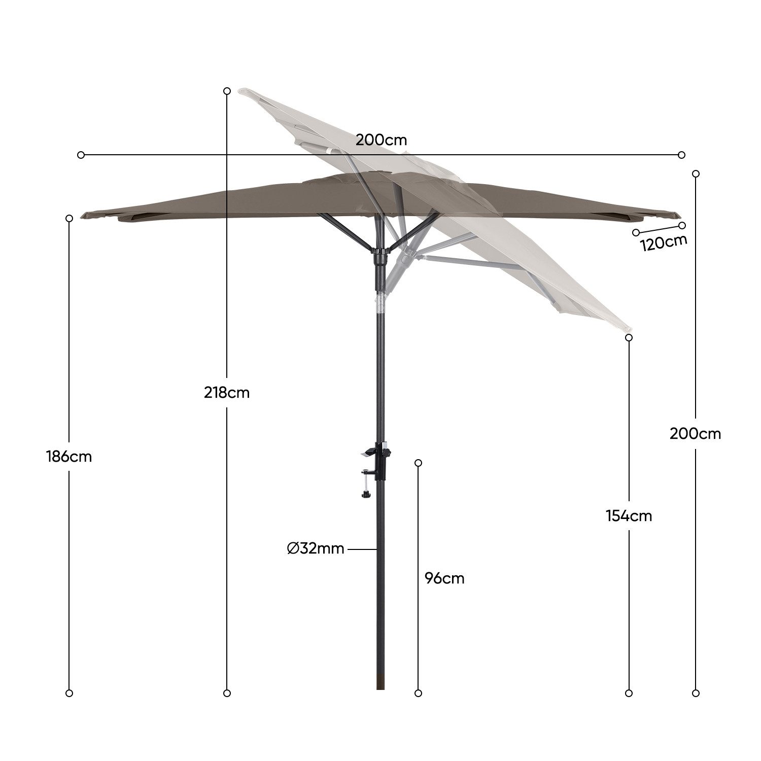 Sekey Balkonschirm 200 x 125 cm Rechteckiger Sonnenschirm mit Schnellöffnungs-Knopf UV50+, LxB: 200,00x125,00 cm, mit/ohne Balkongeländer, Windfest, Kippbar, für Balkon