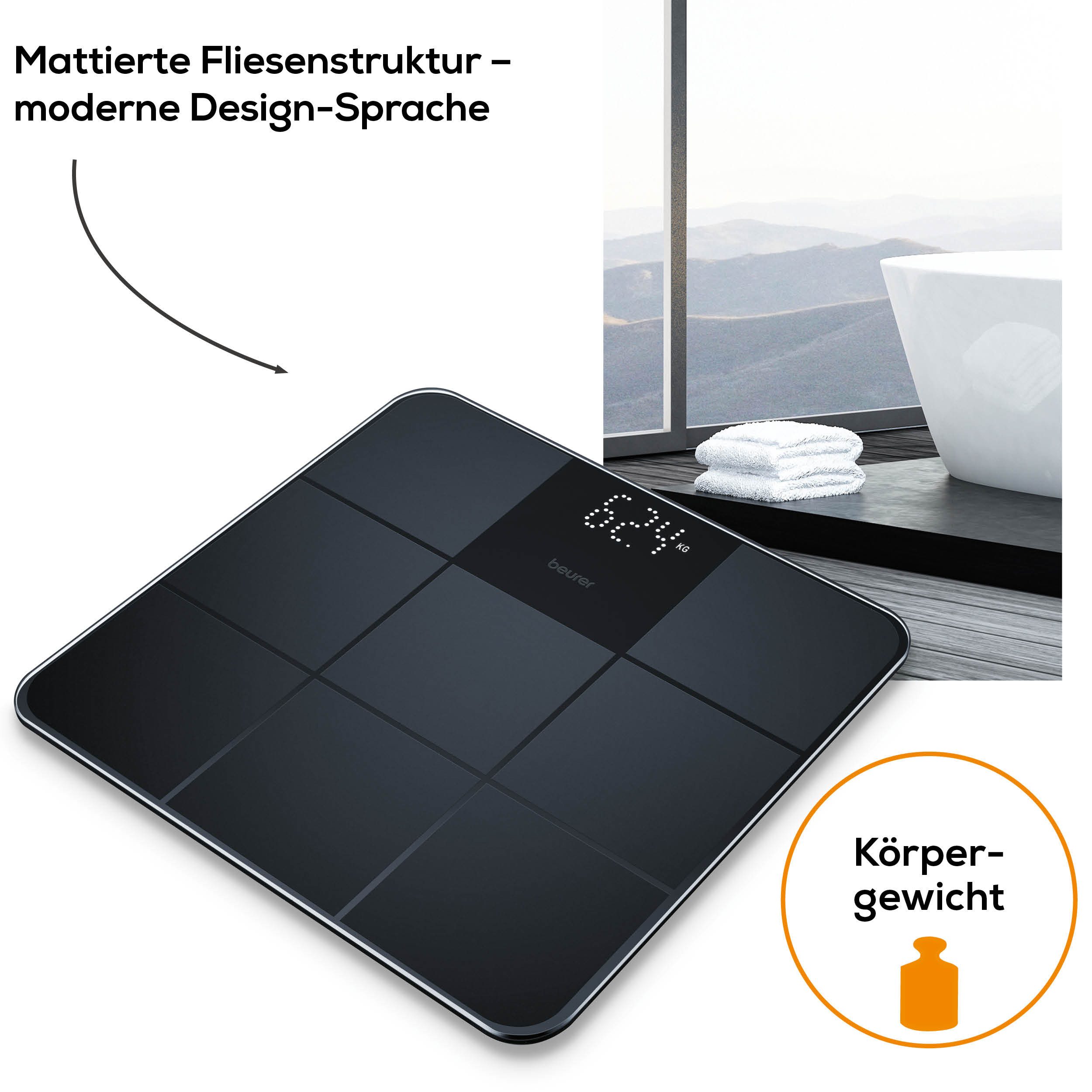 BEURER Personenwaage GS 235 Glaswaage mit Magic-LED Display - erscheint nur bei Messung, Elegante Oberfläche mit matter Fliesenstruktur, Tragkraft bis 180 kg