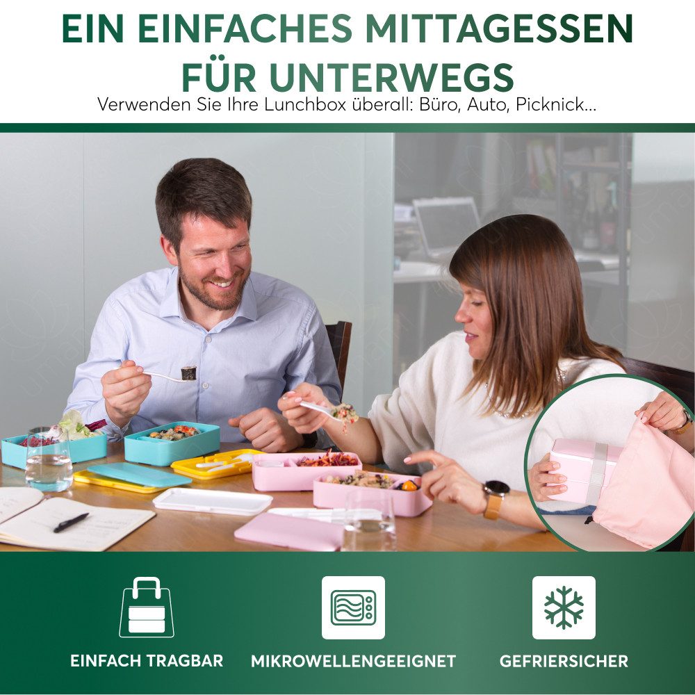 UMAMI Lunchbox All-in-1 1,2L Brotdose - mit Besteck und 2 Saucenbehältern, (für Erwachsene mit Zubehör), Auslaufsichere Brotbox mit Fächern für Meal Prep