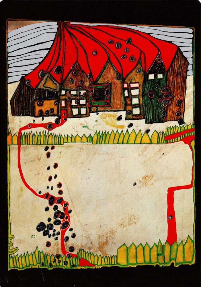 Postkarte Kunstkarte Hundertwasser "Häuser im Schnee im Silberregen mit rot ..."