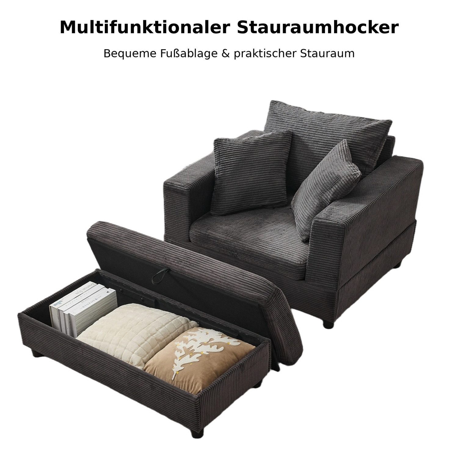 ANYSUN XXL-Sessel Loveseat mit Stauraumhocker, breiter Sitzfläche & 3 Rückenkissen (2-St), Cordsessel mit gepolsterten Armlehnen für Wohnzimmer & Leseecke,Grau – Bild 5 von 5